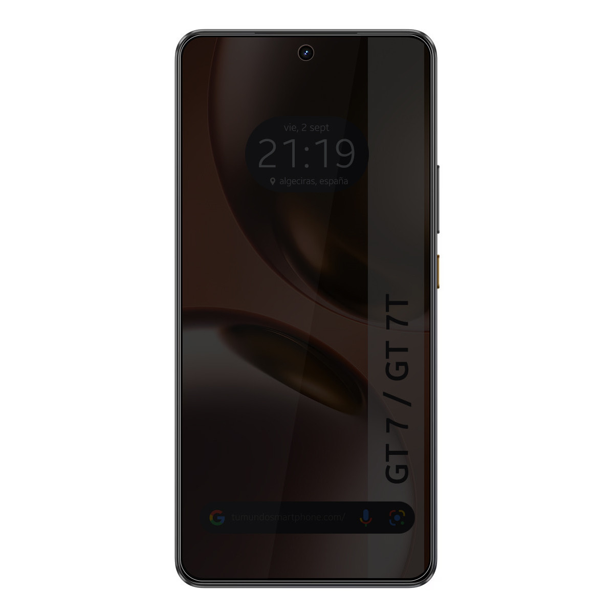 Lo schermo di uno smartphone mostra l'ora: 21:19, la data e il luogo. Il telefono ha uno schermo scuro e il testo "GT 7/ GT 7T".