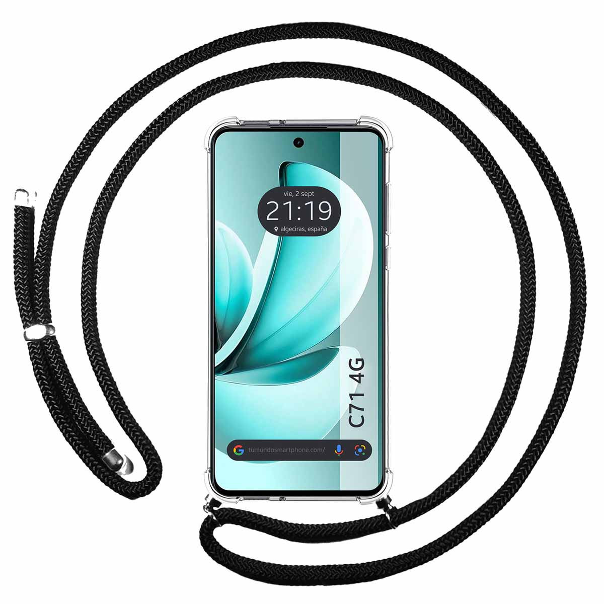 Uno smartphone con custodia trasparente e cordino nero. Lo schermo mostra l'ora e un'immagine astratta blu chiaro e bianca.