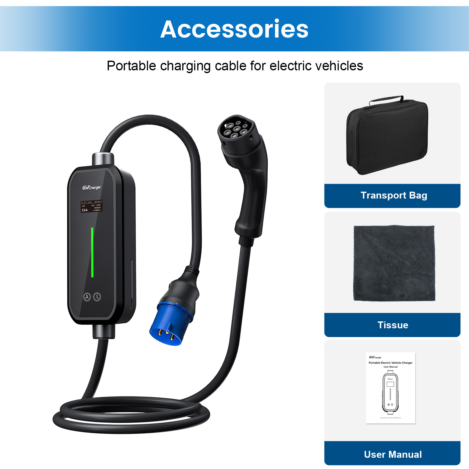 L'immagine mostra un cavo di ricarica per veicoli elettrici, una borsa da trasporto, un fazzoletto e un manuale utente. Tutti gli accessori.