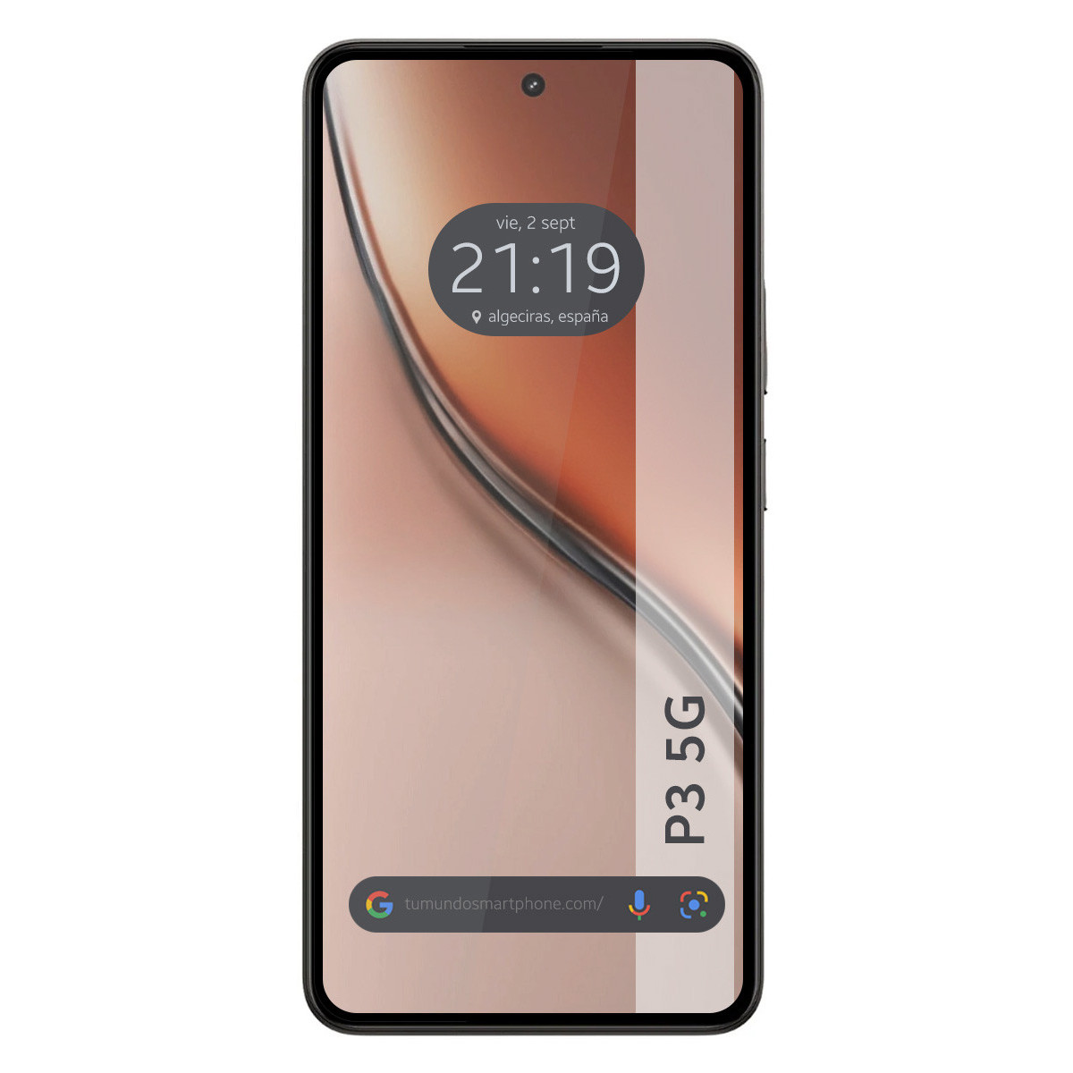 Uno schermo di smartphone mostra ora, data e sito web. Il telefono è nero, con schermo curvo. Testo 'P3 5G' visibile.