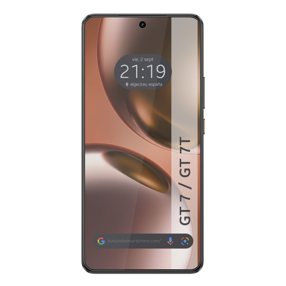 Lo schermo dello smartphone mostra ora, data e posizione. Il telefono ha una cornice nera con la scritta GT 7/GT 7T.