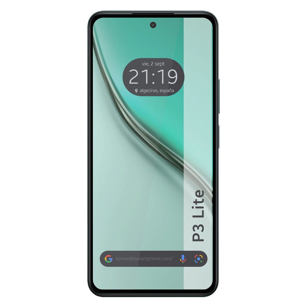 Una pantalla de teléfono muestra la hora, fecha y ubicación. El teléfono es negro con un fondo degradado verde.