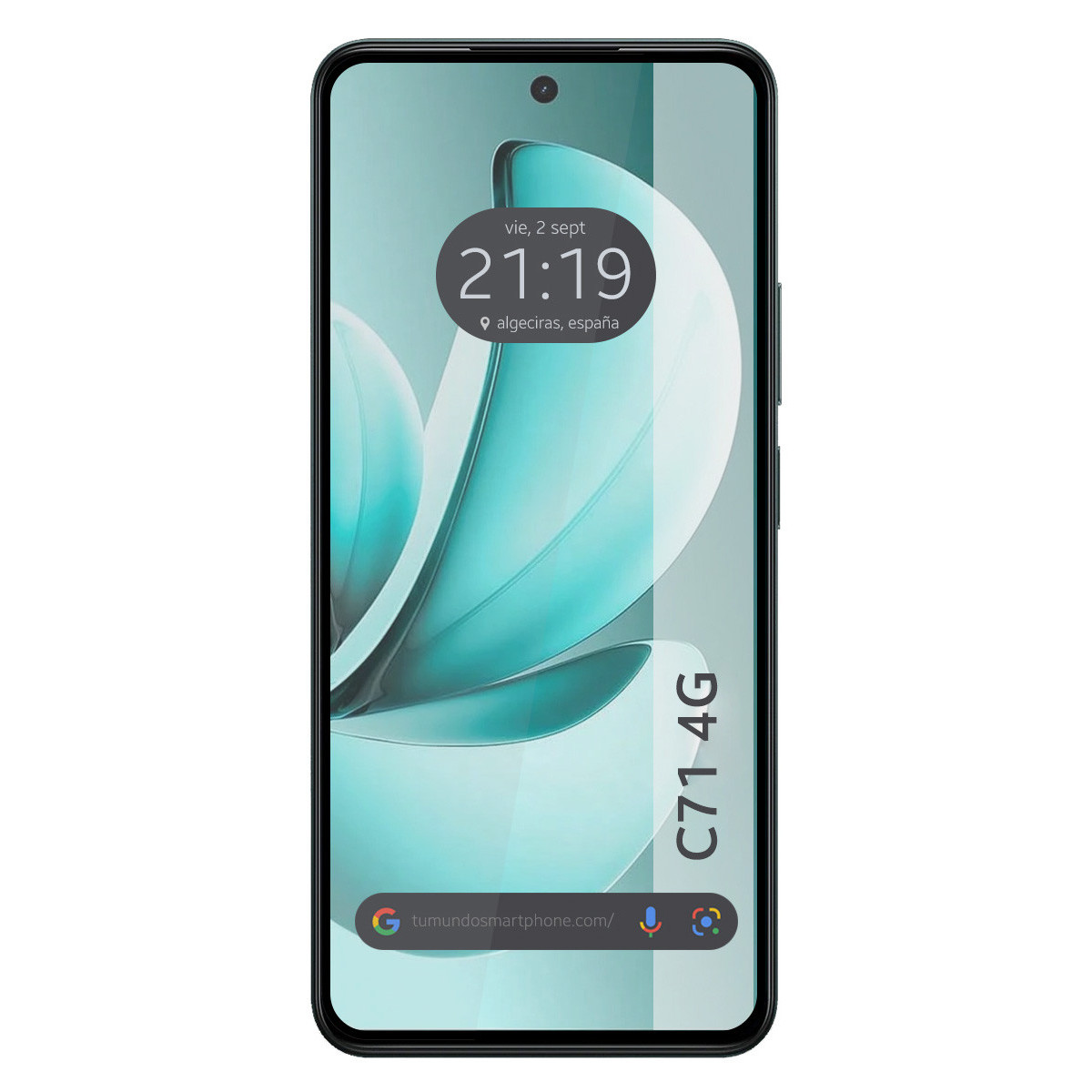 Uno smartphone mostra l'ora 21:19, con la località Algeciras, Spagna. Il modello del telefono è C71 4G.