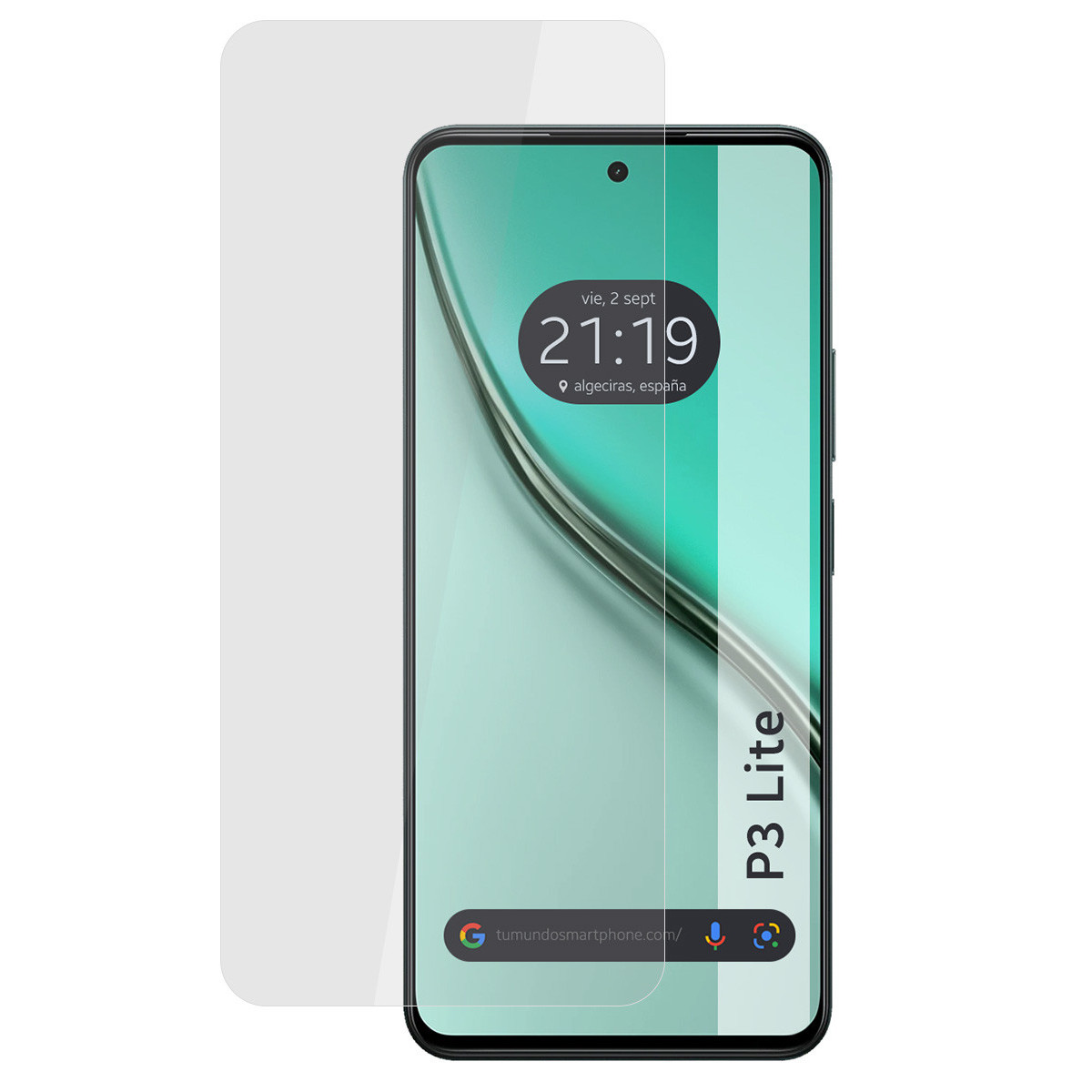 Uno smartphone con protezione schermo. Lo schermo mostra l'ora e il luogo. Il telefono è etichettato P3 Lite.
