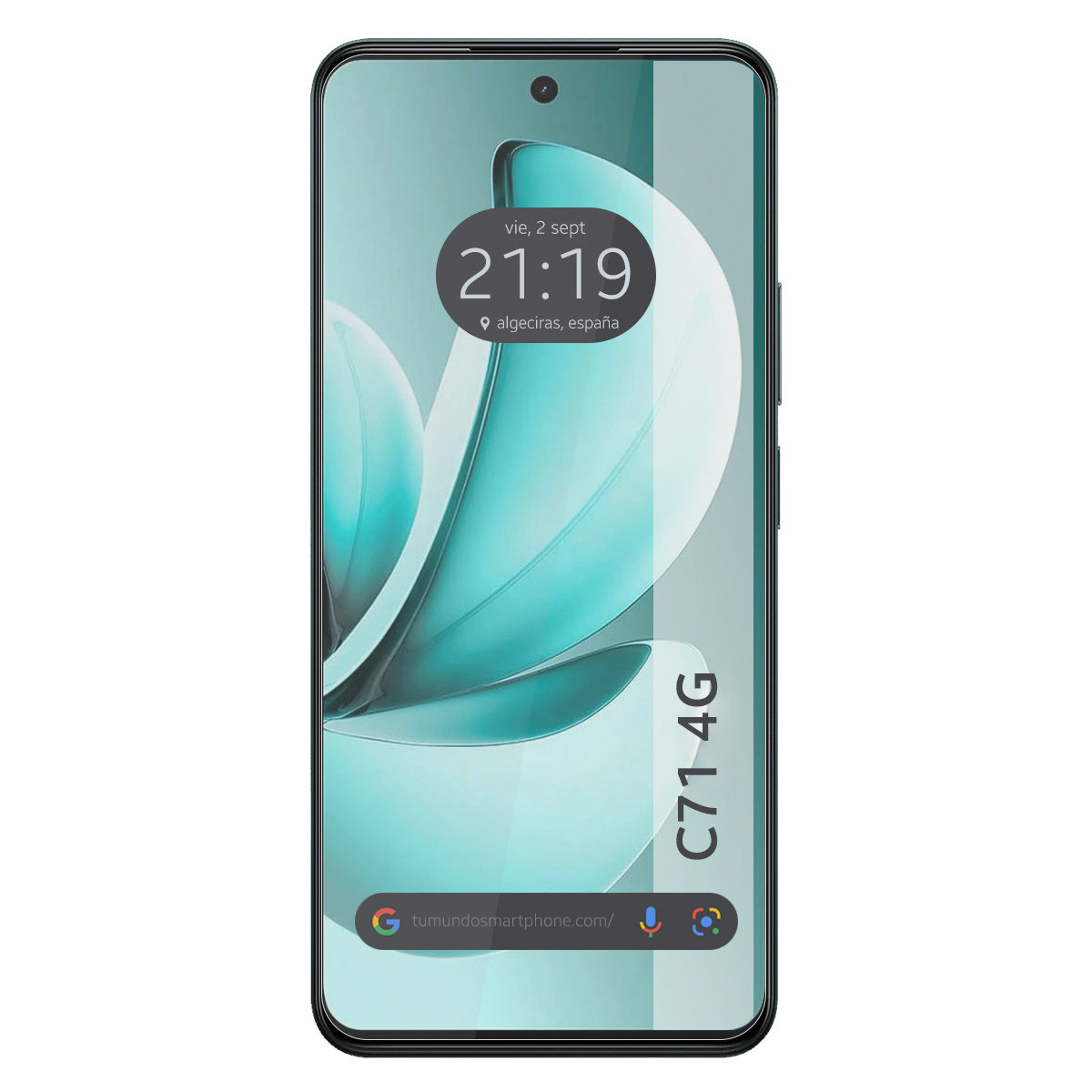 Pantalla de smartphone que muestra la hora, la fecha y la ciudad de Algeciras, España. El teléfono muestra un fondo abstracto turquesa.