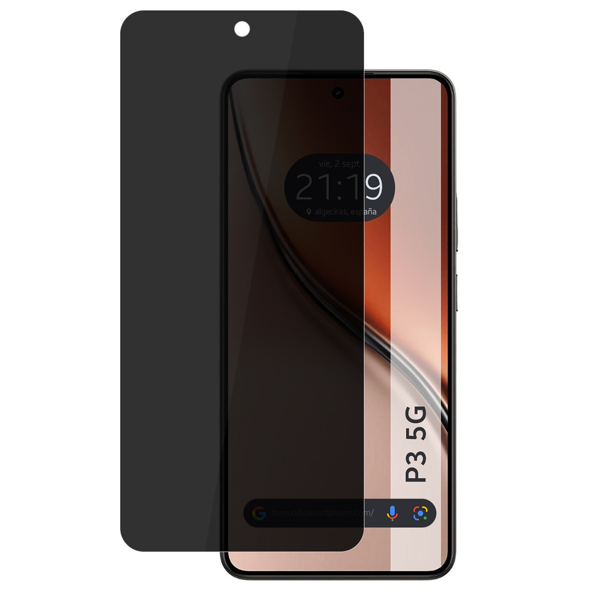 Uno smartphone con protezione schermo. Lo schermo mostra ora, data e posizione. Il telefono ha un logo 5G.