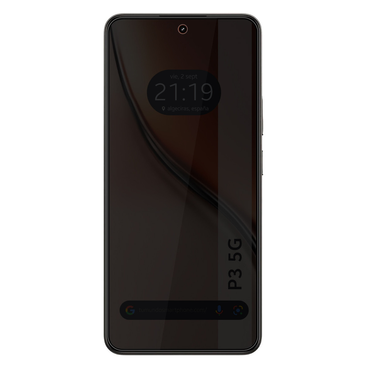 Uno schermo di smartphone che mostra l'ora e la data, con la scritta "P3 5G" sul lato. Lo schermo è scuro.