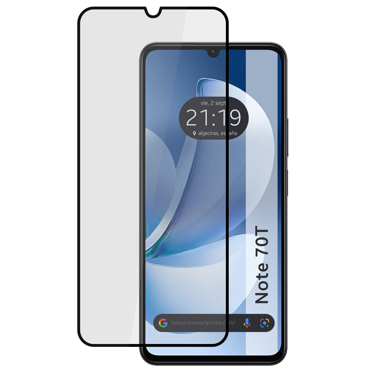 Uno smartphone con protezione schermo. Lo schermo mostra ora e data. Il telefono ha il testo 'Note 70T'.