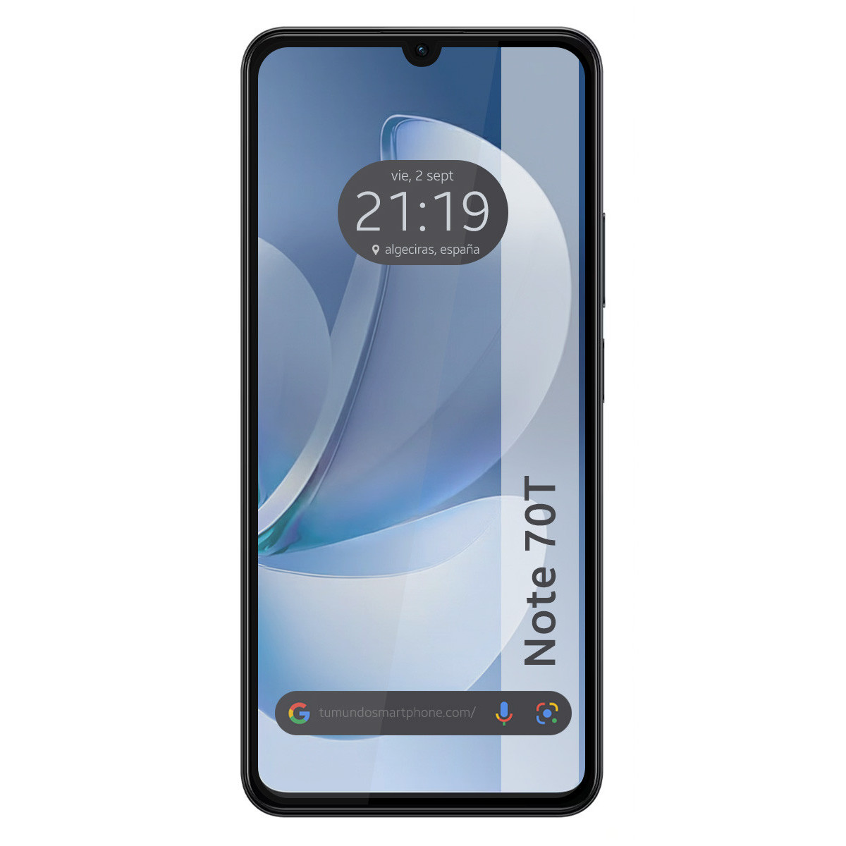 Lo schermo dello smartphone mostra ora, data e posizione. Il telefono è nero con la scritta "Note 70T".