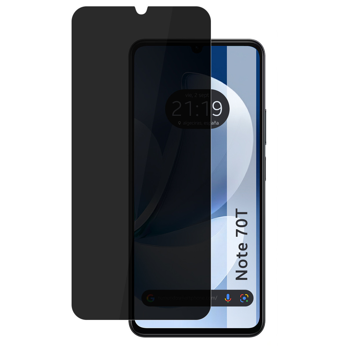 Smartphone con protezione schermo. Il telefono visualizza ora, data e icone delle app. La protezione è scura, oscurando parzialmente lo schermo.