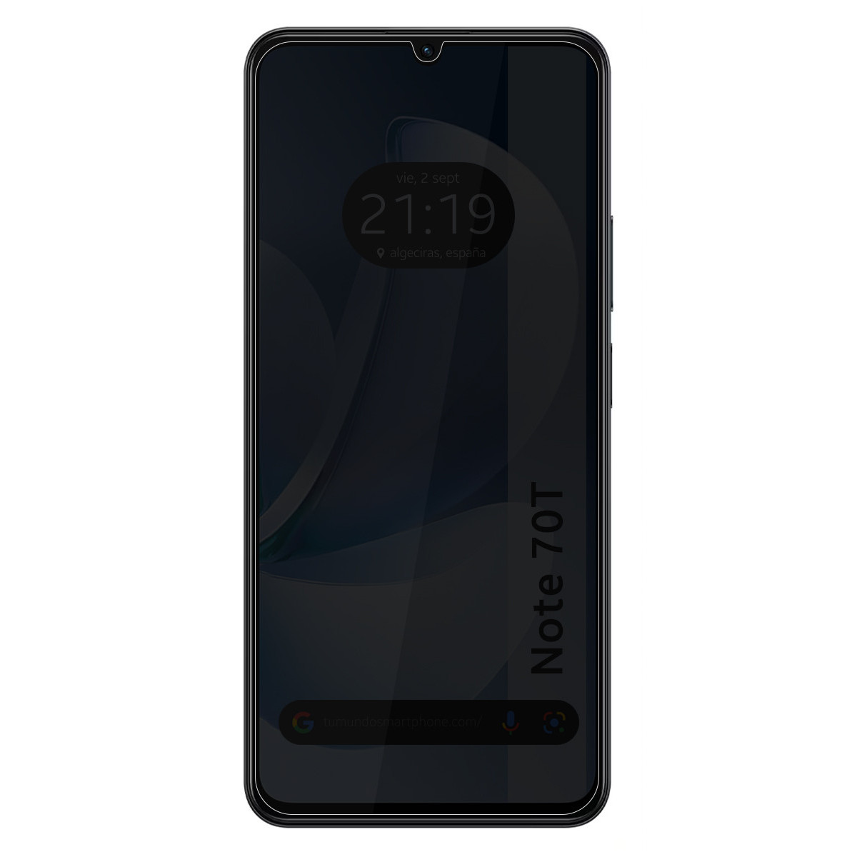 Schermo di smartphone che mostra data, ora e posizione. Il telefono ha uno schermo scuro e la scritta 'Note 70T' sul lato.