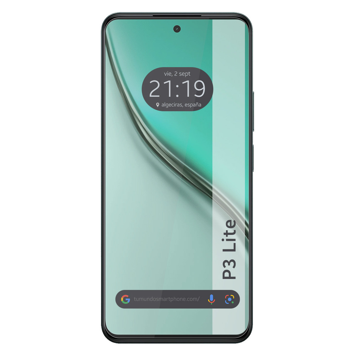 Lo schermo dello smartphone mostra ora, data e posizione. Barra di ricerca di Google in basso. Il telefono è etichettato P3 Lite.