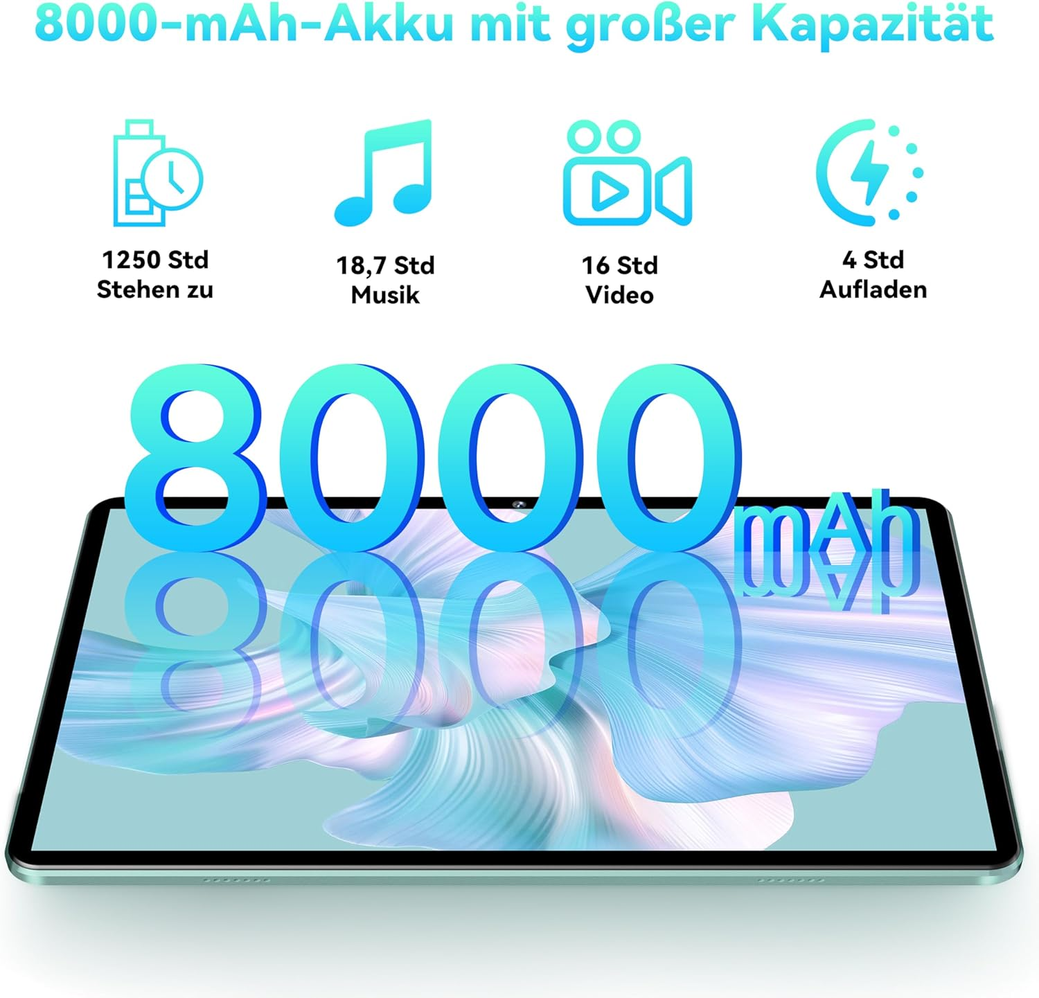 Un tablet con una grande capacità della batteria. Mostra la durata della batteria, la musica, il video e i tempi di ricarica. Il tablet mostra il numero 8000.