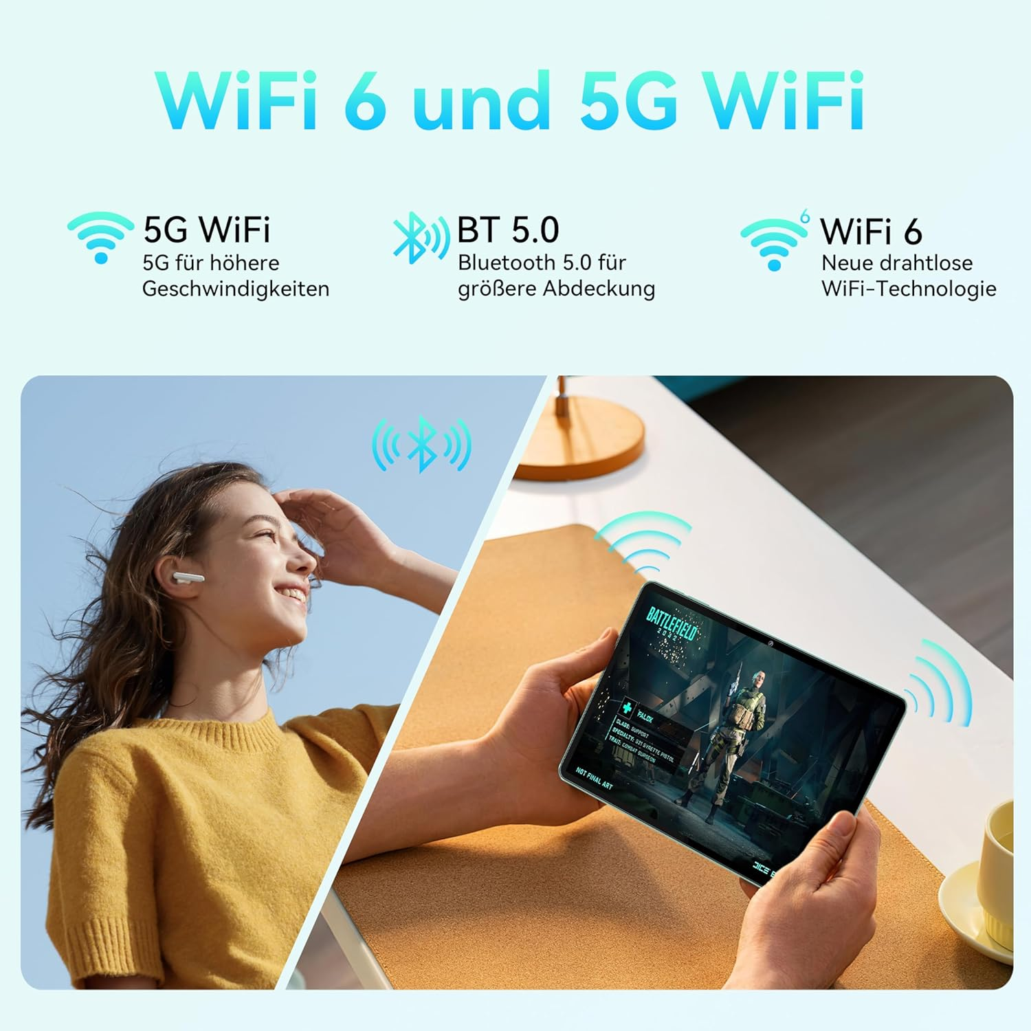 Una donna con auricolari sorride e una persona tiene in mano un tablet che gioca. Simboli WiFi visibili. Testo: WiFi 6 und 5G WiFi.