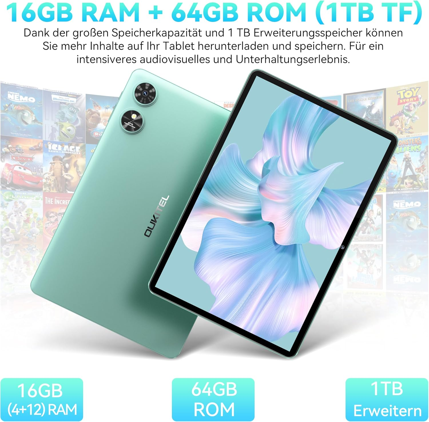 Un tablet menta con schermo con grafica artistica. Lo sfondo presenta poster di film. Sotto dettagli RAM, ROM e archiviazione.