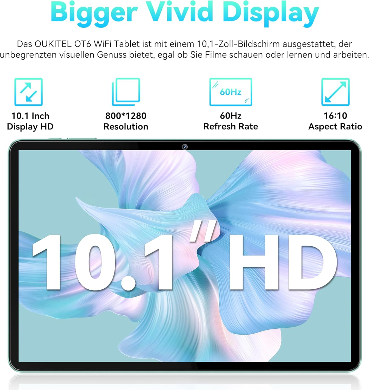 Tablet con display HD da 10,1 pollici. Include risoluzione 800x1280, frequenza di aggiornamento a 60Hz e rapporto di aspetto 16:10.