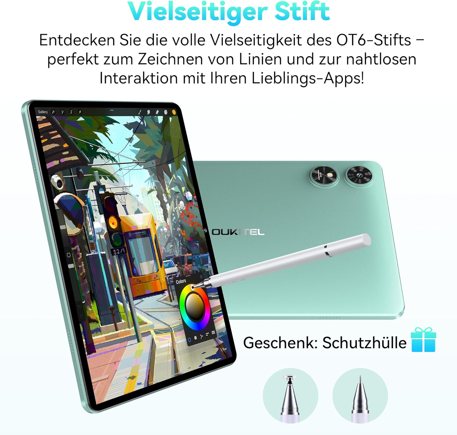 Un tablet con stilo mostra una scena stradale. Un secondo tablet a destra. Testo sopra: Vielseitiger Stift.