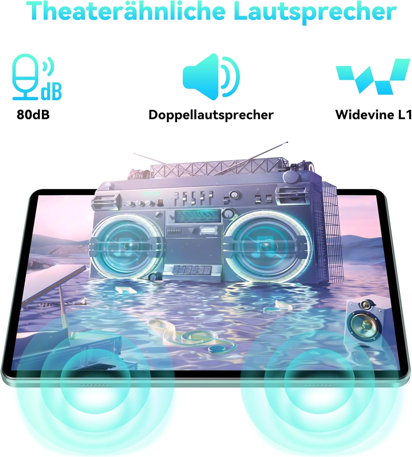 Un tablet con un design boombox retrò sullo schermo. Illustrazioni di onde sonore e icone, con testo in tedesco.
