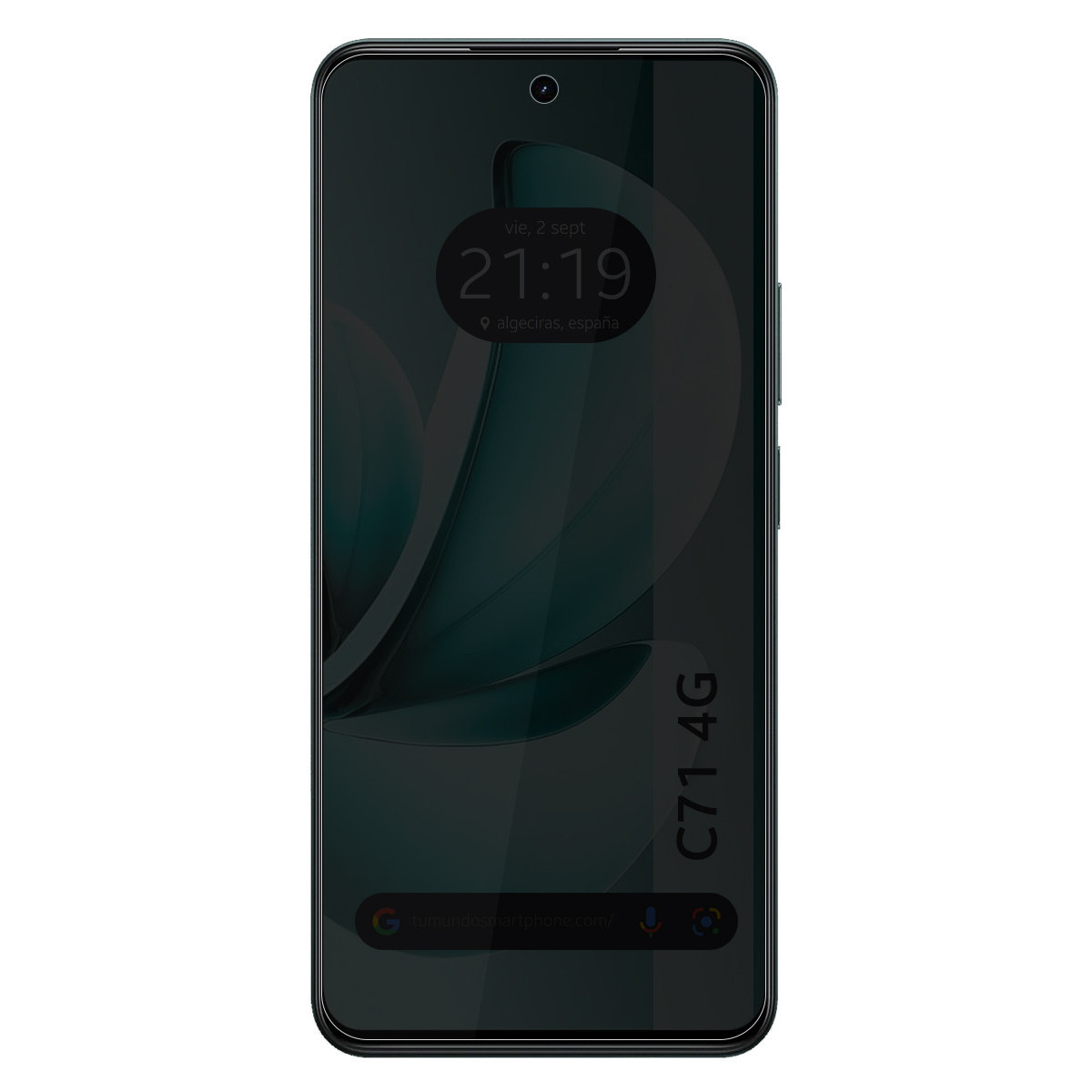 Schermo dello smartphone che mostra l'ora e la data. Il telefono è scuro con la scritta C71 4G sul lato.