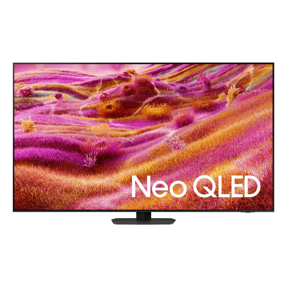 Neo QLED TV, pembe, mor ve turuncu tonlarında canlı bir soyut görüntü sergiliyor. TV siyah bir stand üzerinde duruyor.
