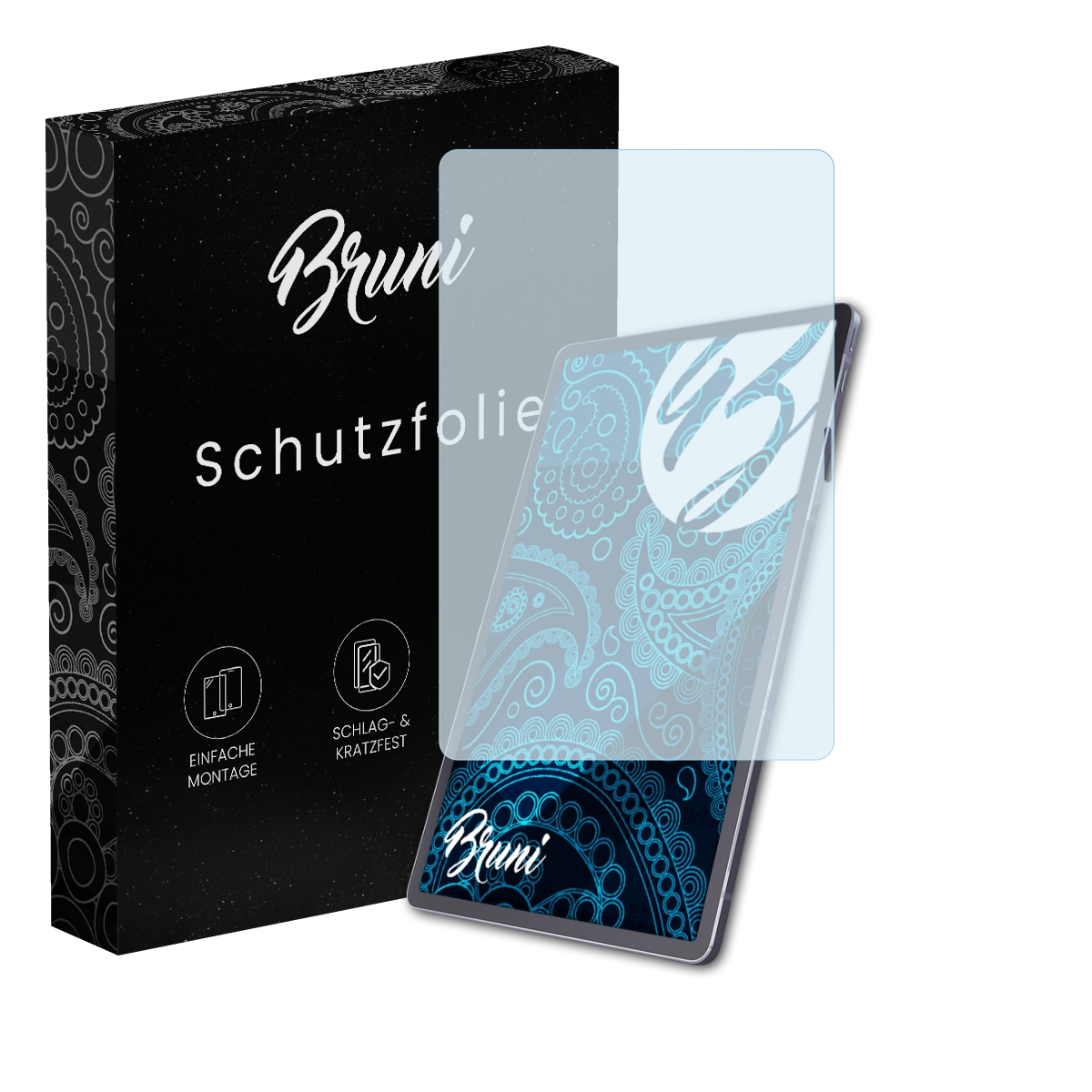 Ein Tablet mit Displayschutzfolie. Schwarze Schachtel mit 'Bruni' und 'Schutzfolie'. Icons für einfache Montage und Kratzfestigkeit.
