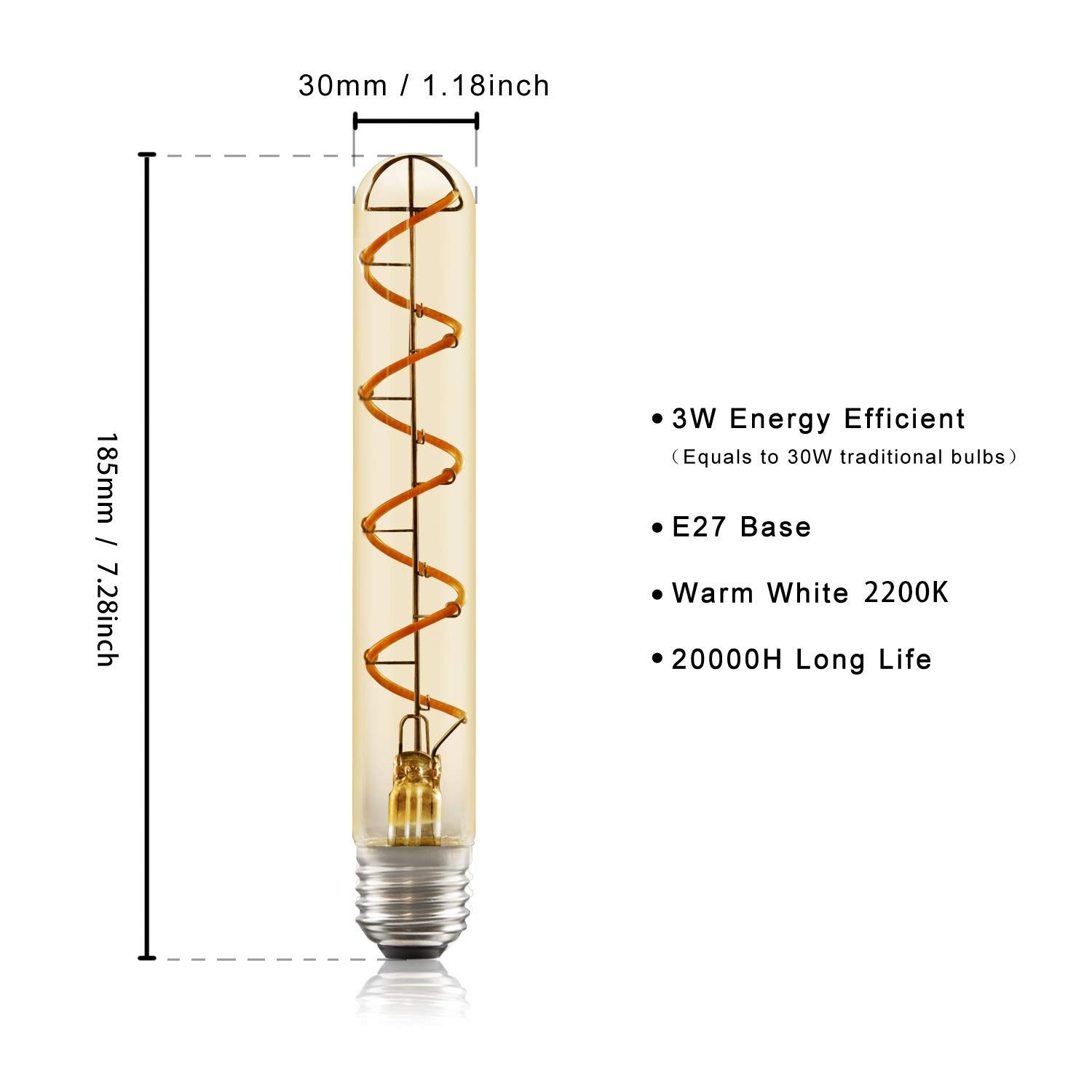 Una lampadina lunga e trasparente con un filamento all'interno. Misure e specifiche, inclusa l'efficienza energetica e il tipo di attacco.