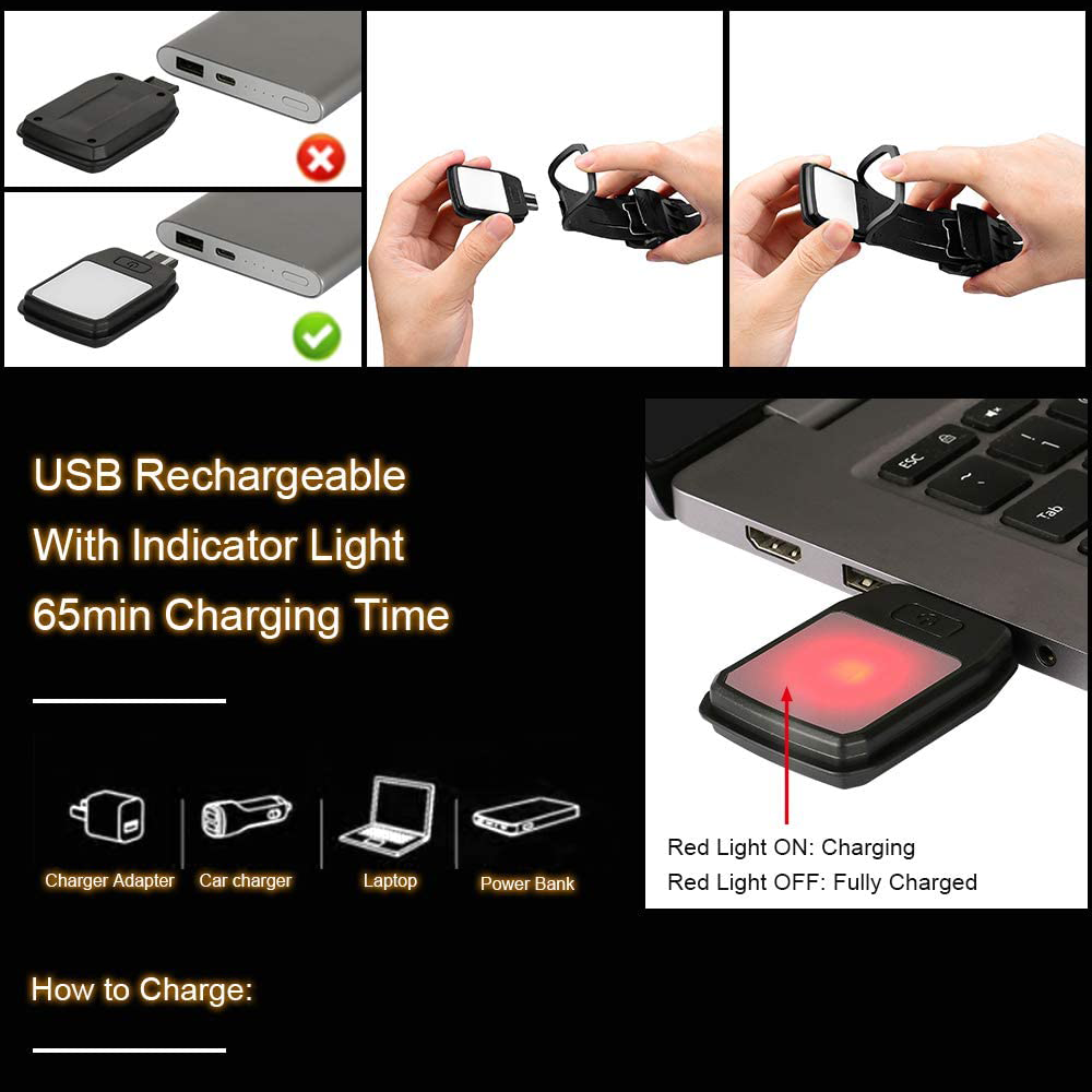 Das Bild zeigt ein USB-aufladbares Gerät mit Kontrollleuchte und Ladeoptionen. Zeigt ein Gerät, das an einen Laptop angeschlossen wird.