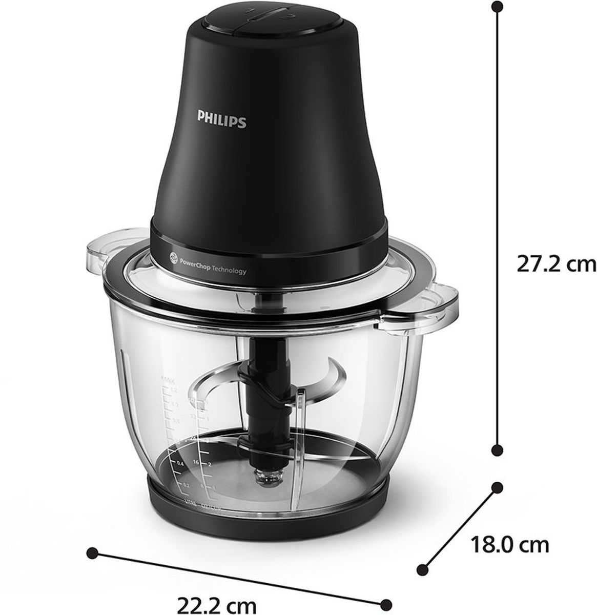 Ein schwarzer Philips-Zerkleinerer mit einer transparenten Glasschüssel und einer Edelstahlklinge. Abmessungen sind 27,2 cm, 18,0 cm und 22,2 cm.