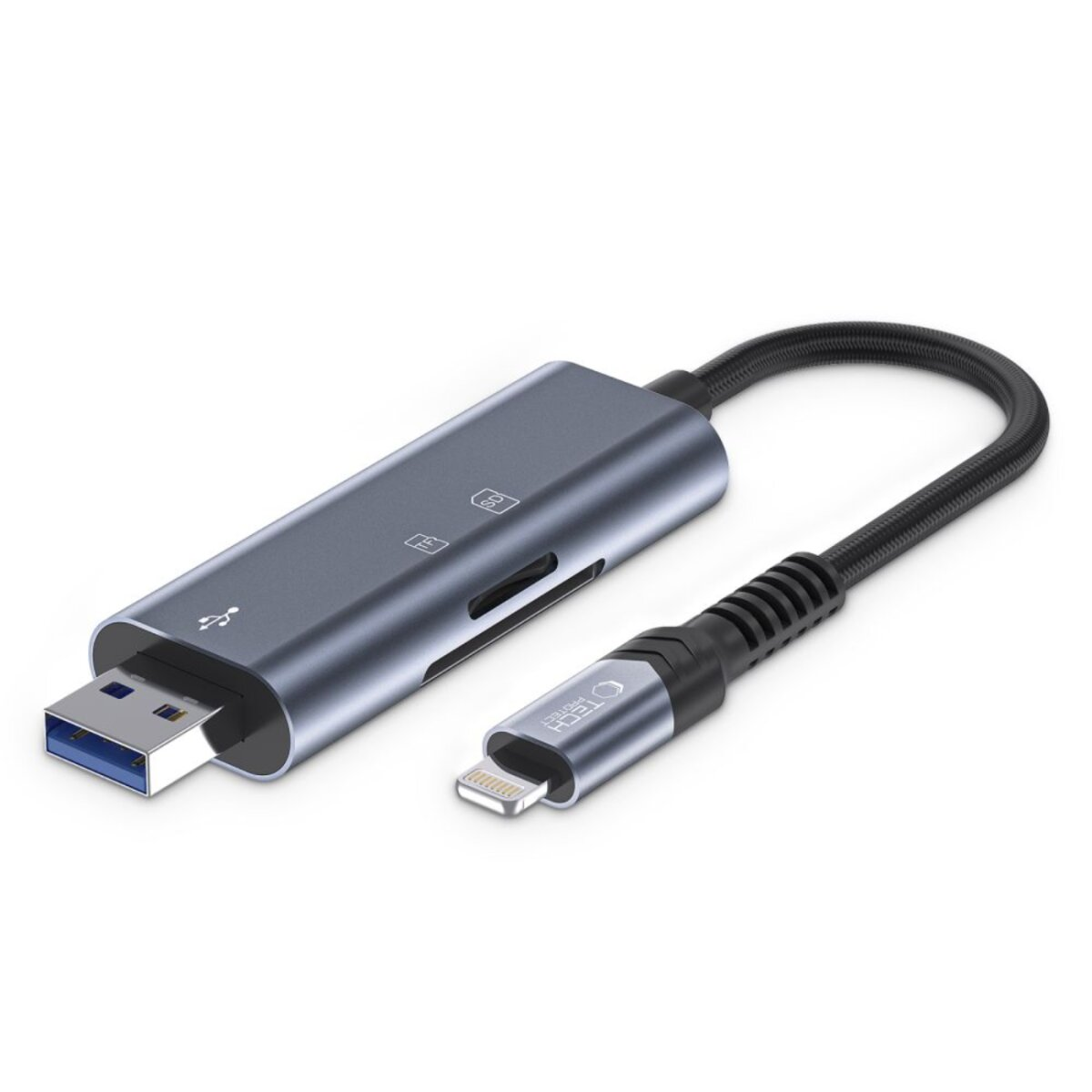 Un hub USB grigio con porta USB, slot per schede SD e connettore Lightning. Un cavo intrecciato nero collega l'hub.