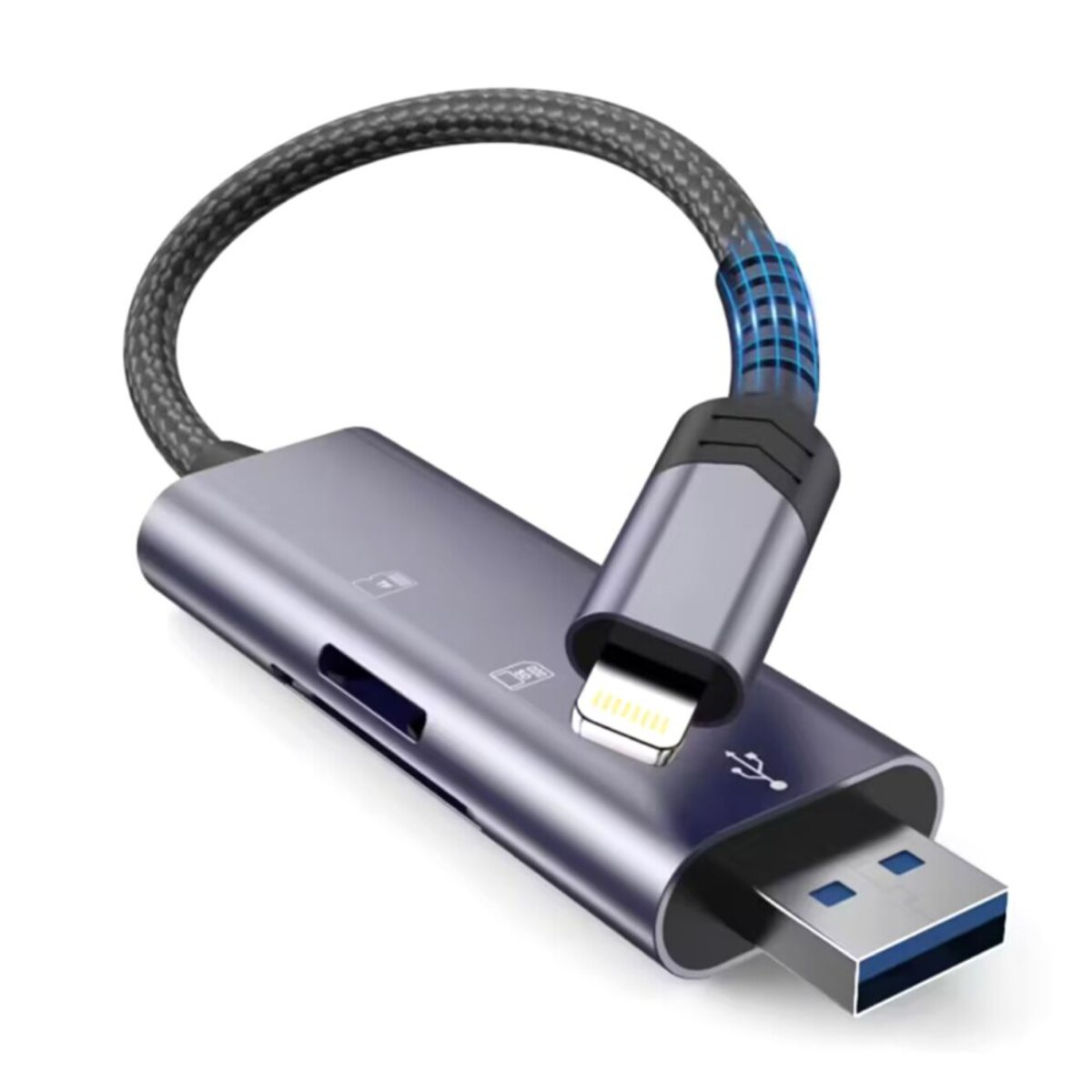 Un hub USB grigio con un cavo intrecciato, un connettore iPhone e una porta USB. Lo sfondo è bianco.