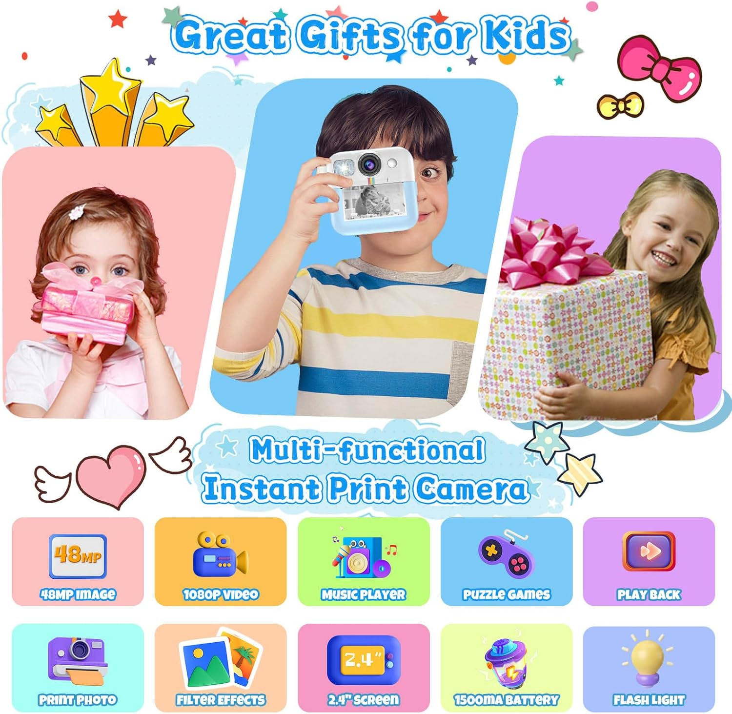 Das Bild zeigt Kinder mit Geschenken und einer Kamera. Der Text lautet 'Great Gifts for Kids' und 'Instant Print Camera' mit unten aufgeführten Funktionen.