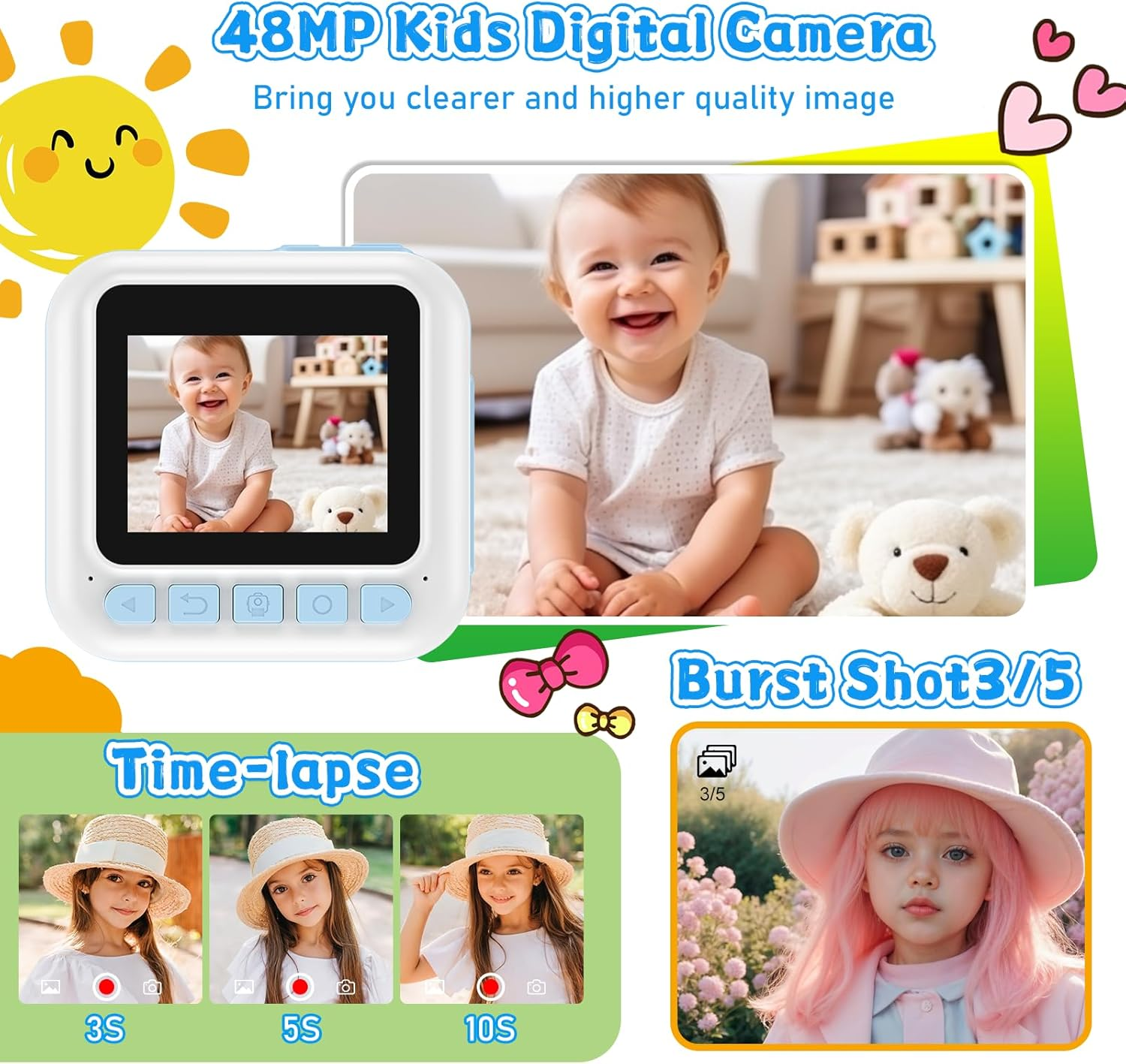 Werbung für eine Kinder-Digitalkamera. Zeigt ein Baby, ein Mädchen mit rosa Haaren und Zeitraffer-Foto-Beispiele.