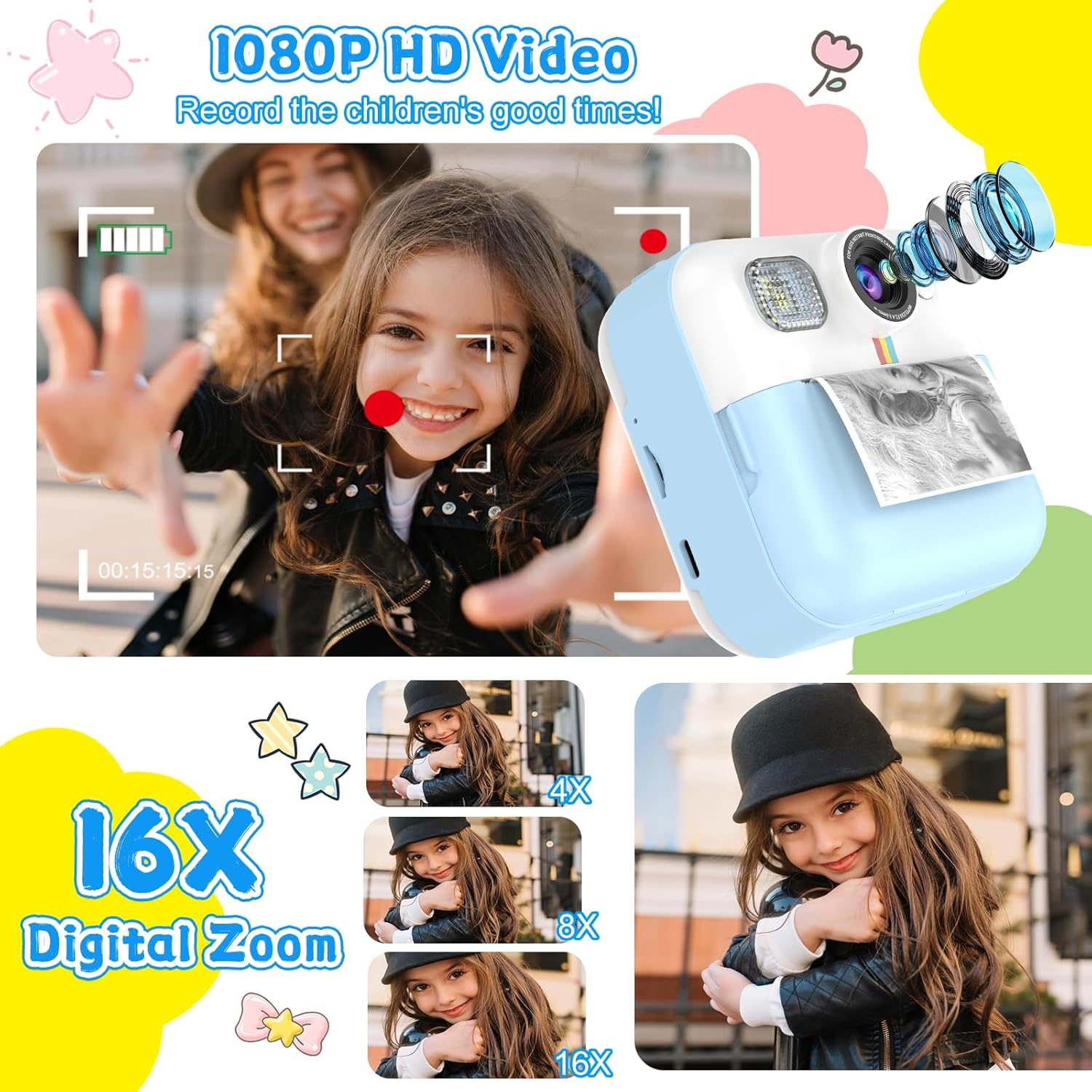 Ein lächelndes Mädchen nimmt ein Video mit einer blau-weißen Kamera auf. Auf der Kamera steht '1080P HD Video'. Digitale Zoomoptionen werden angezeigt.