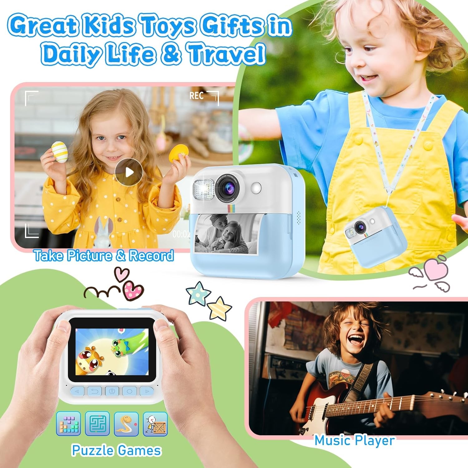 Ein Werbebild, das Kinderspielzeug zeigt. Es zeigt Kinder mit Kameras, einer Gitarre und einem Bildschirm mit einem Spiel, mit Textüberlagerungen.