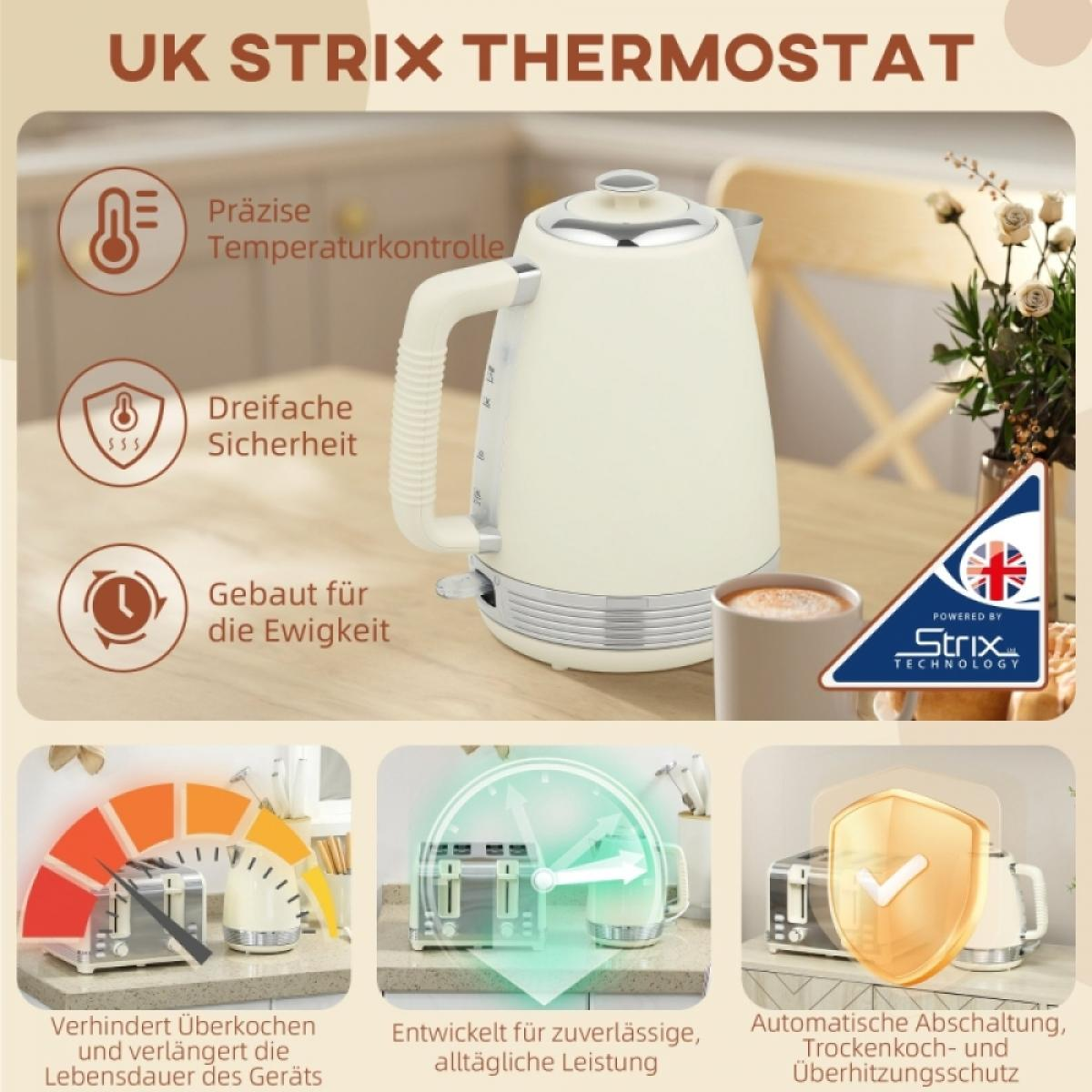 Ein cremefarbener Wasserkocher mit einer Tasse und einem Strix-Logo. Es gibt Etiketten für Präzision, Sicherheit und Haltbarkeit.