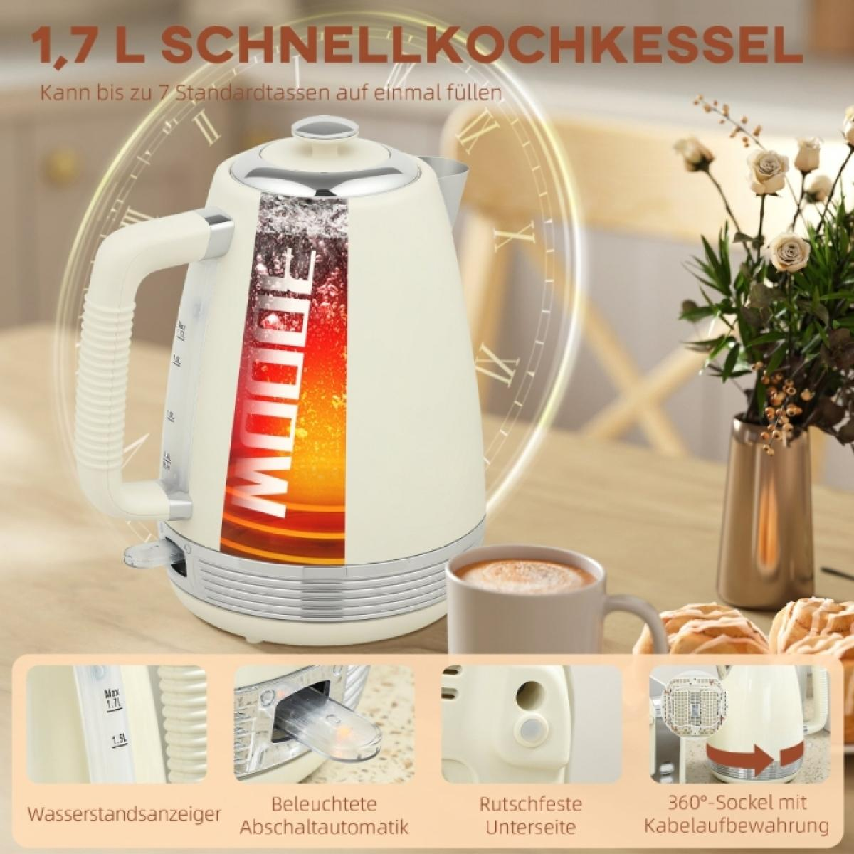 Cremefarbener Wasserkocher mit Wasserstandsanzeige, in der Nähe einer Tasse und Blumen. Text sagt: 1,7L Schnellkochtopf.