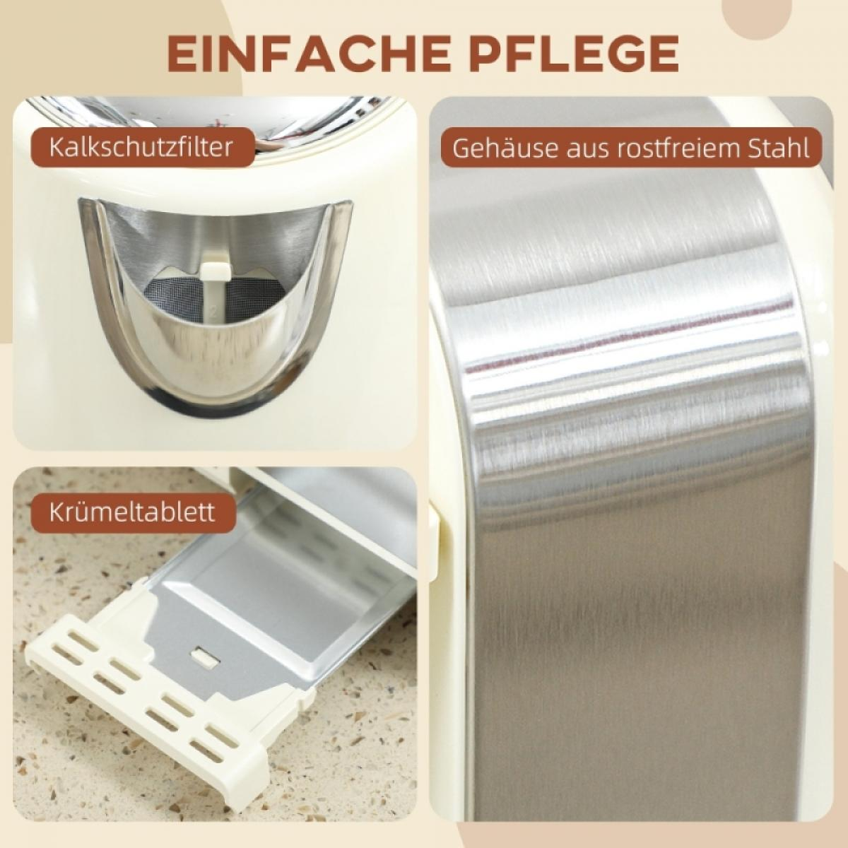 Das Bild zeigt Nahaufnahmen eines Toasters mit deutschen Beschriftungen: 'Kalkschutzfilter', 'Gehäuse aus rostfreiem Stahl' und 'Krümeltablett'.