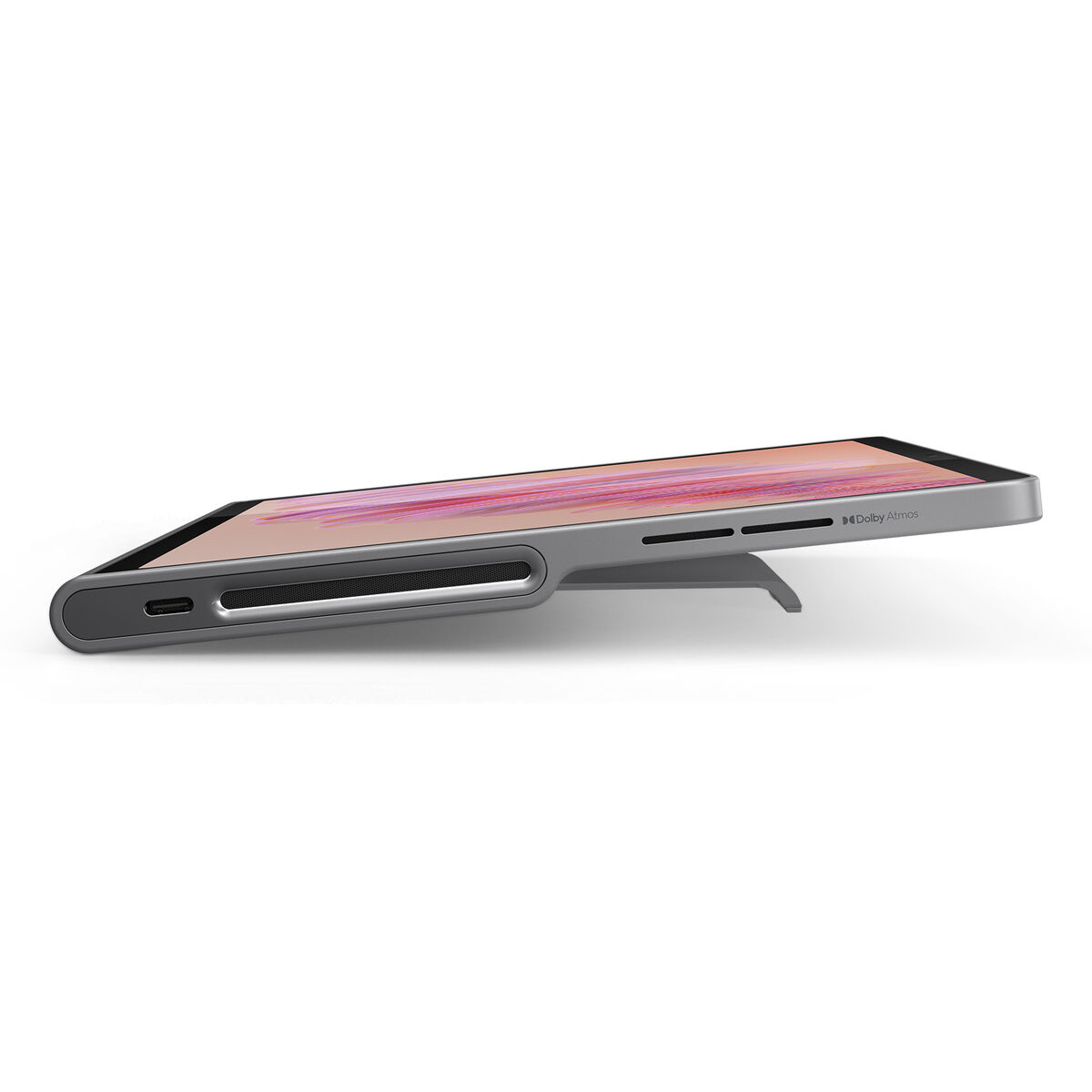Ein Tablet in einer silbernen Hülle ist nach oben abgewinkelt. Der Bildschirm zeigt rosa und weiße Farben. Das Gehäuse hat einen Ständer.