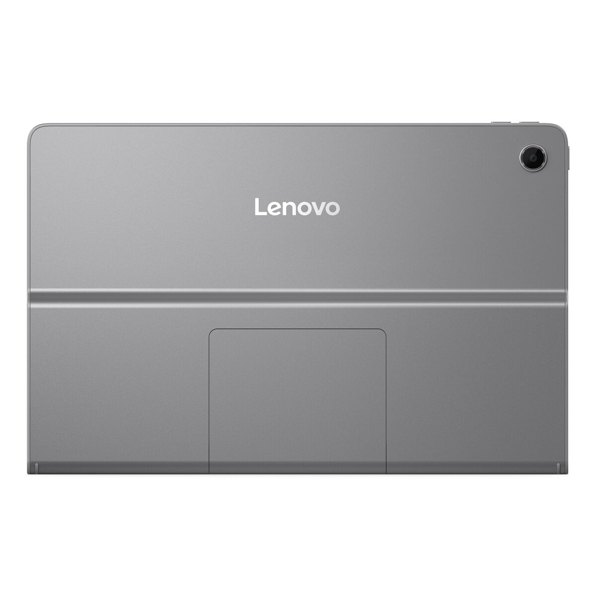 Graues Lenovo-Tablet. Die Kamera befindet sich oben rechts. Der Markenname steht in der Mitte. Das Tablet hat einen Ständer.
