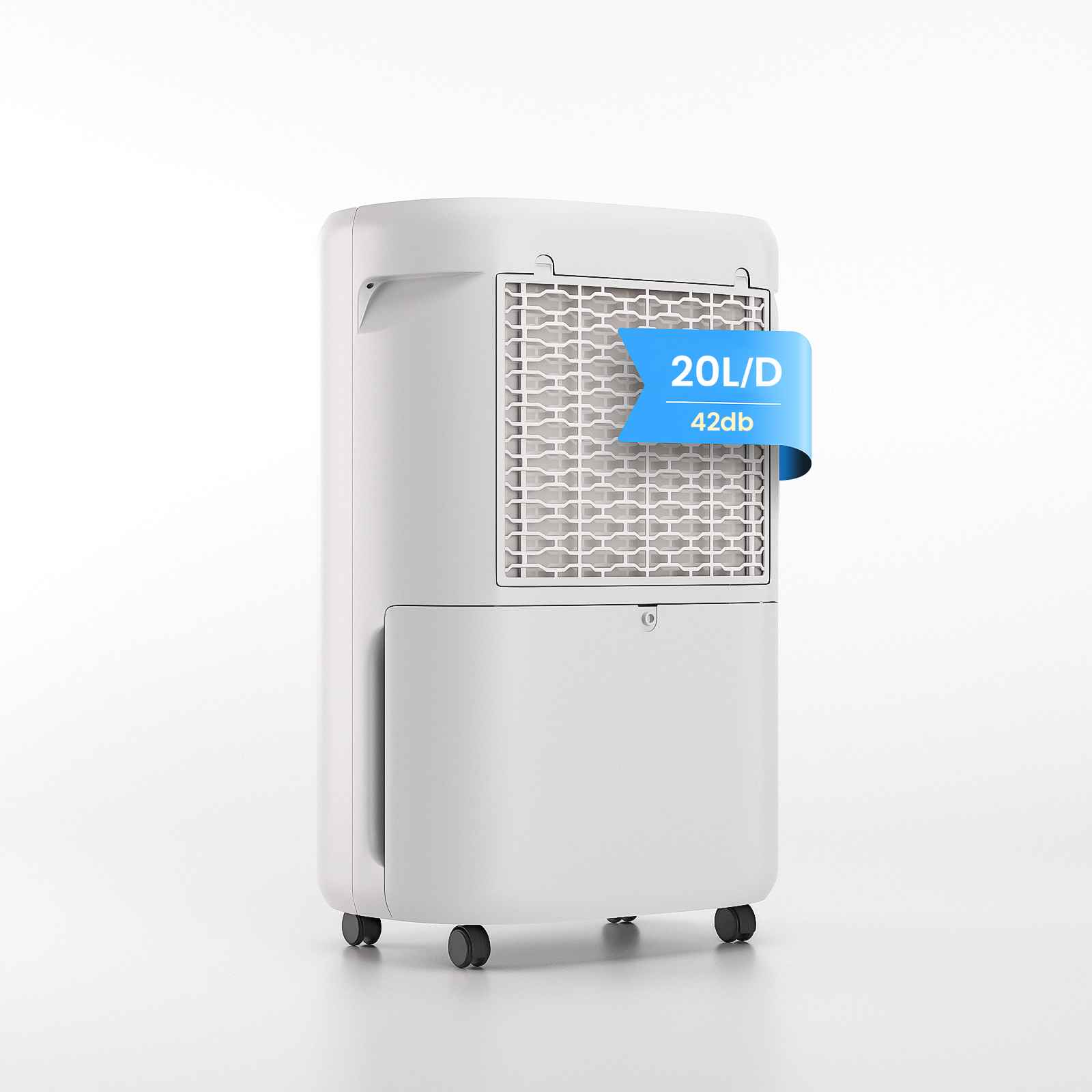 Weißer Luftkühler. Ein blaues Banner zeigt '20L/D' und '42db'. Der Kühler steht auf Rädern.