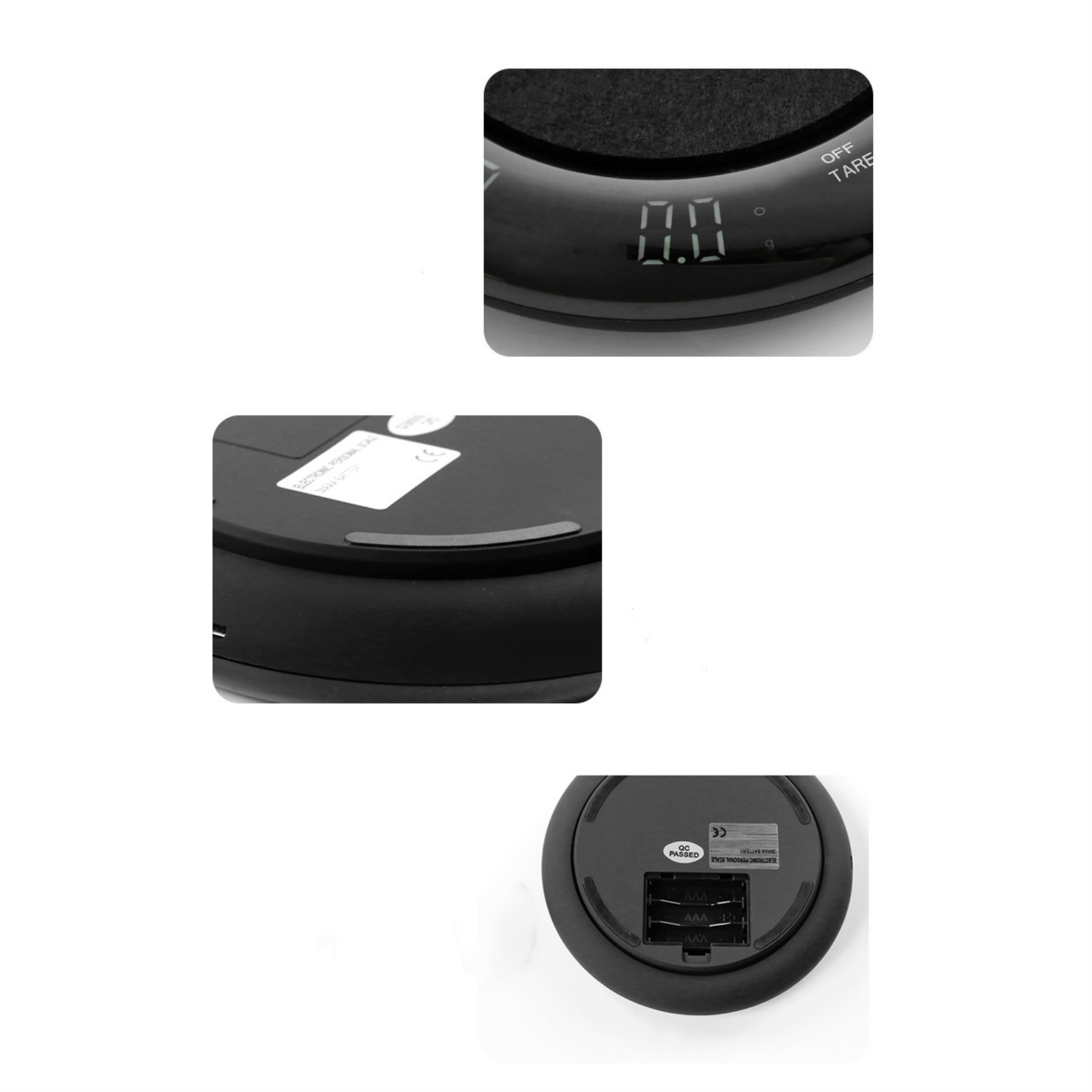 Nahaufnahme einer schwarzen Digitalwaage. Die Anzeige zeigt 0,0. Auf der Rückseite sind ein Batteriefach und ein Aufkleber zu sehen.