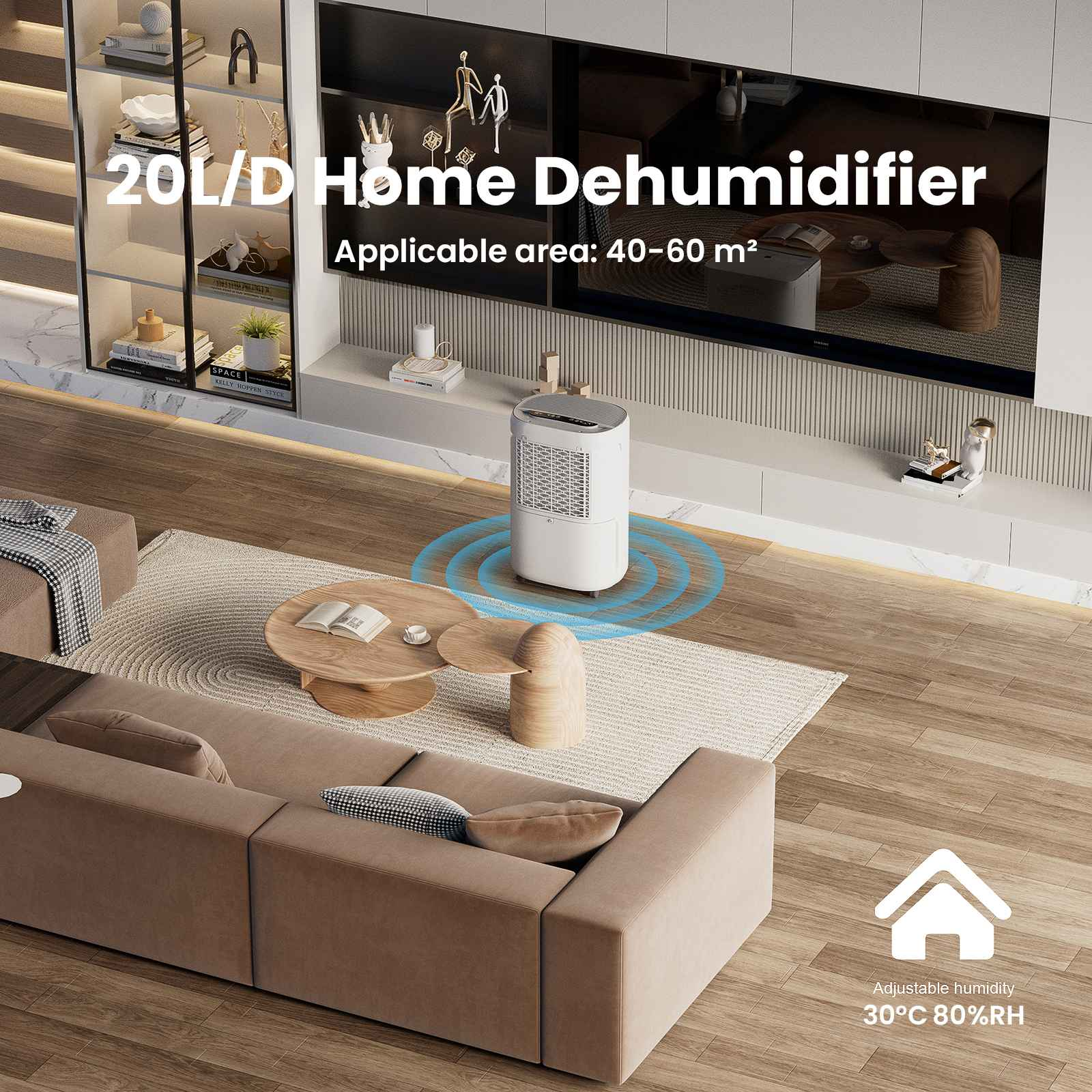 Ein weißer Luftentfeuchter in einem Wohnzimmer. Der Text lautet: 20L/D Home Dehumidifier, Anwendungsbereich: 40-60 m².