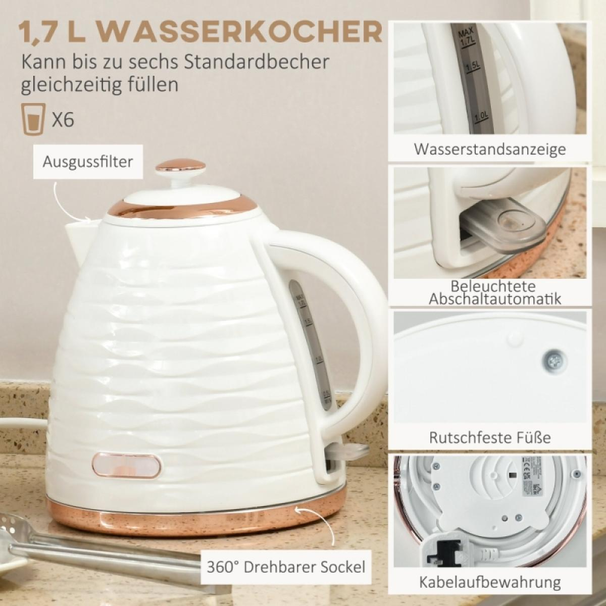 Weißer Wasserkocher mit Kupferakzenten. Merkmale sind Wasserstandsanzeige, automatische Abschaltung und 360-Grad-Drehfuß.