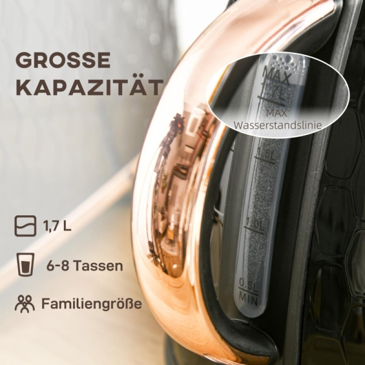 Ein kupferfarbener Wasserkocher mit Kapazitätsanzeigen. Enthält deutschen Text: 'GROSSE KAPAZITÄT', 1,7L, 6-8 Tassen und 'Familiengröße'.