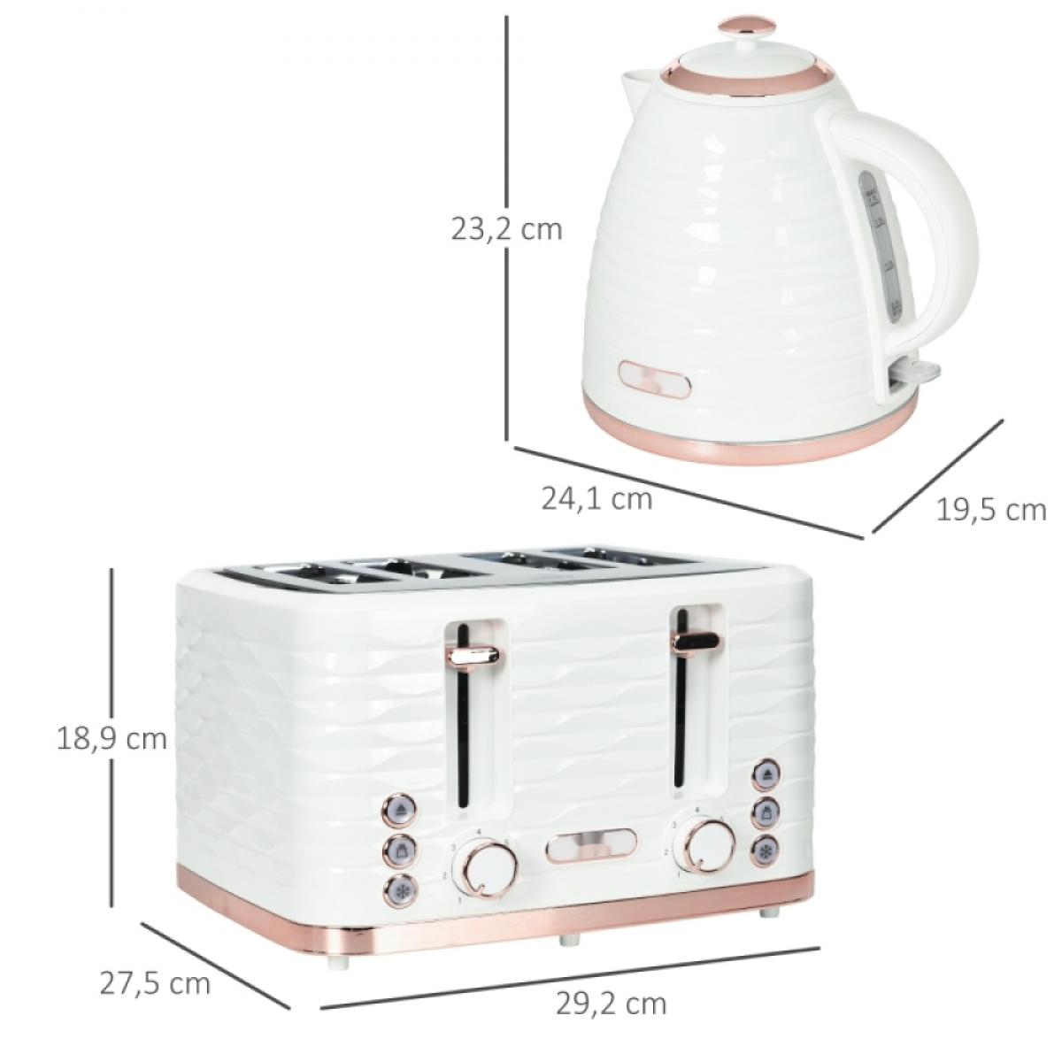 Ein weißes Toaster- und Wasserkocher-Set mit roségoldenen Akzenten. Abmessungen sind angegeben.