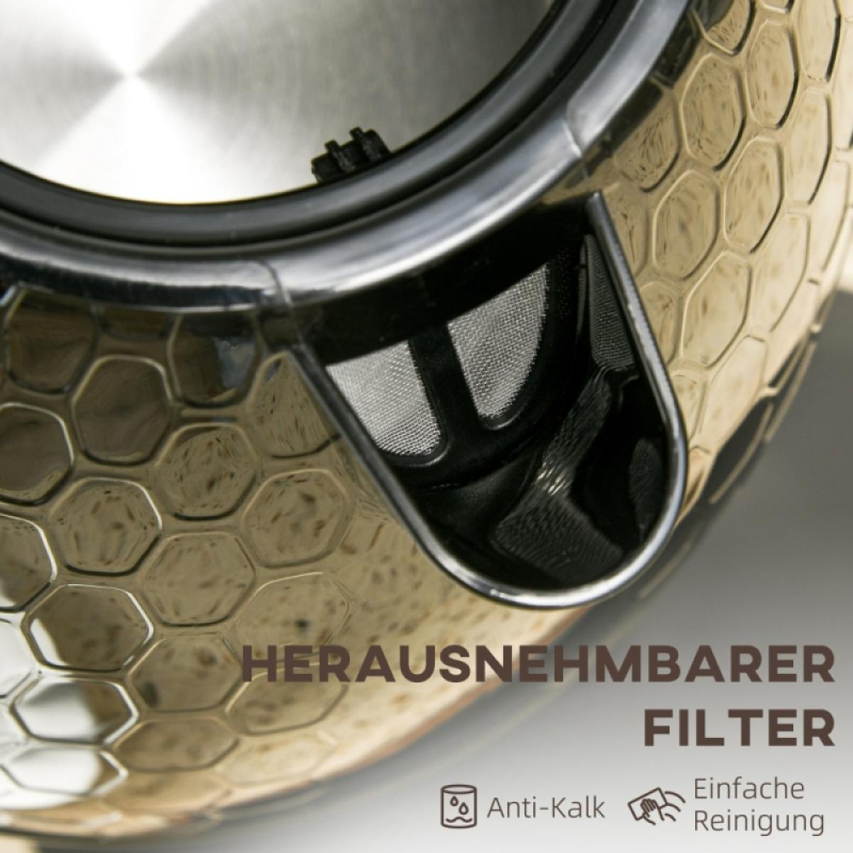 Nahaufnahme eines Wasserkochers mit herausnehmbarem Filter. Der Wasserkocher hat ein Wabenmuster. Text: 'Herausnehmbarer Filter'.