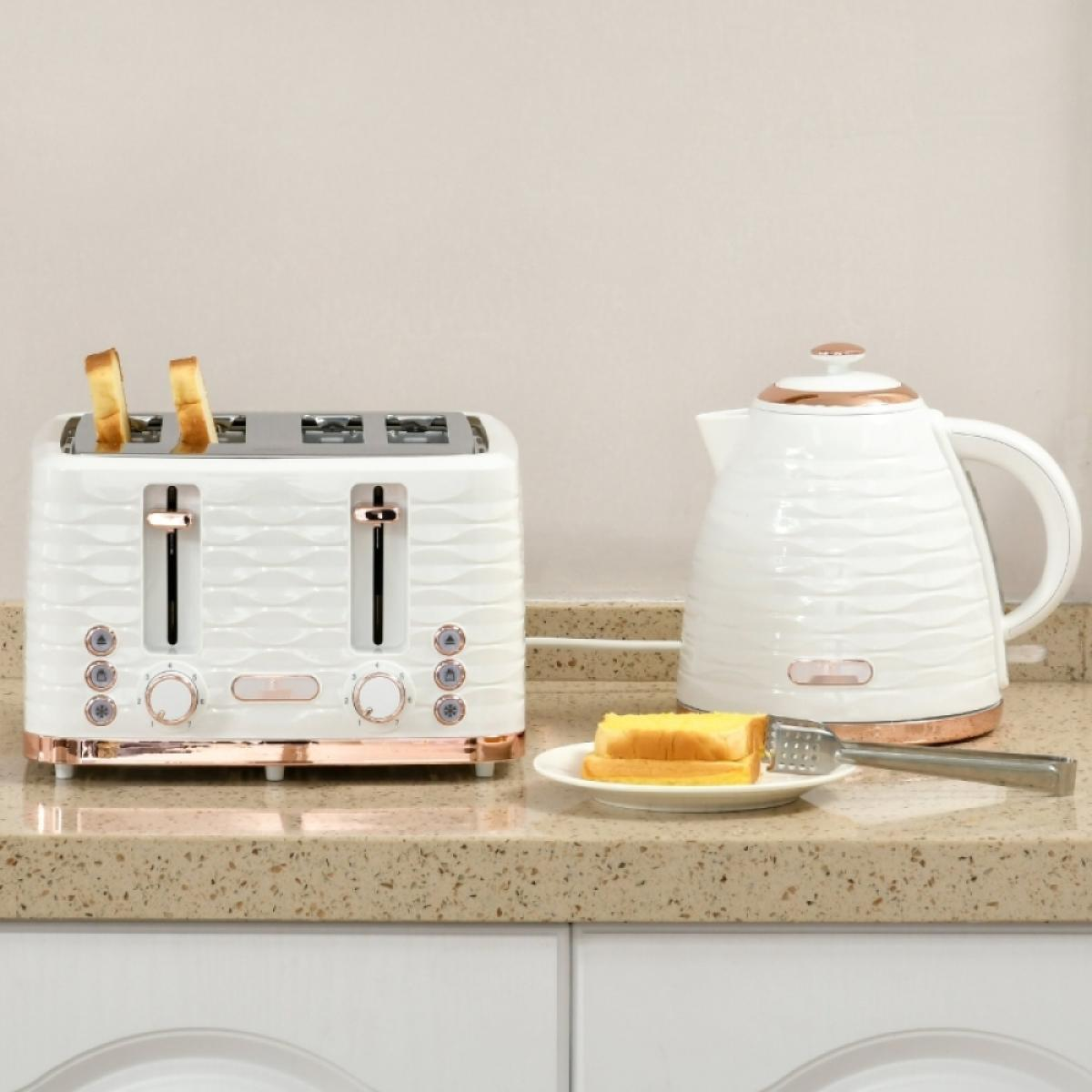 Ein weißer Toaster mit Brot, ein Wasserkocher und Toast auf einem Teller mit Zangen stehen auf einer Arbeitsplatte. Der Hintergrund ist eine Wand.