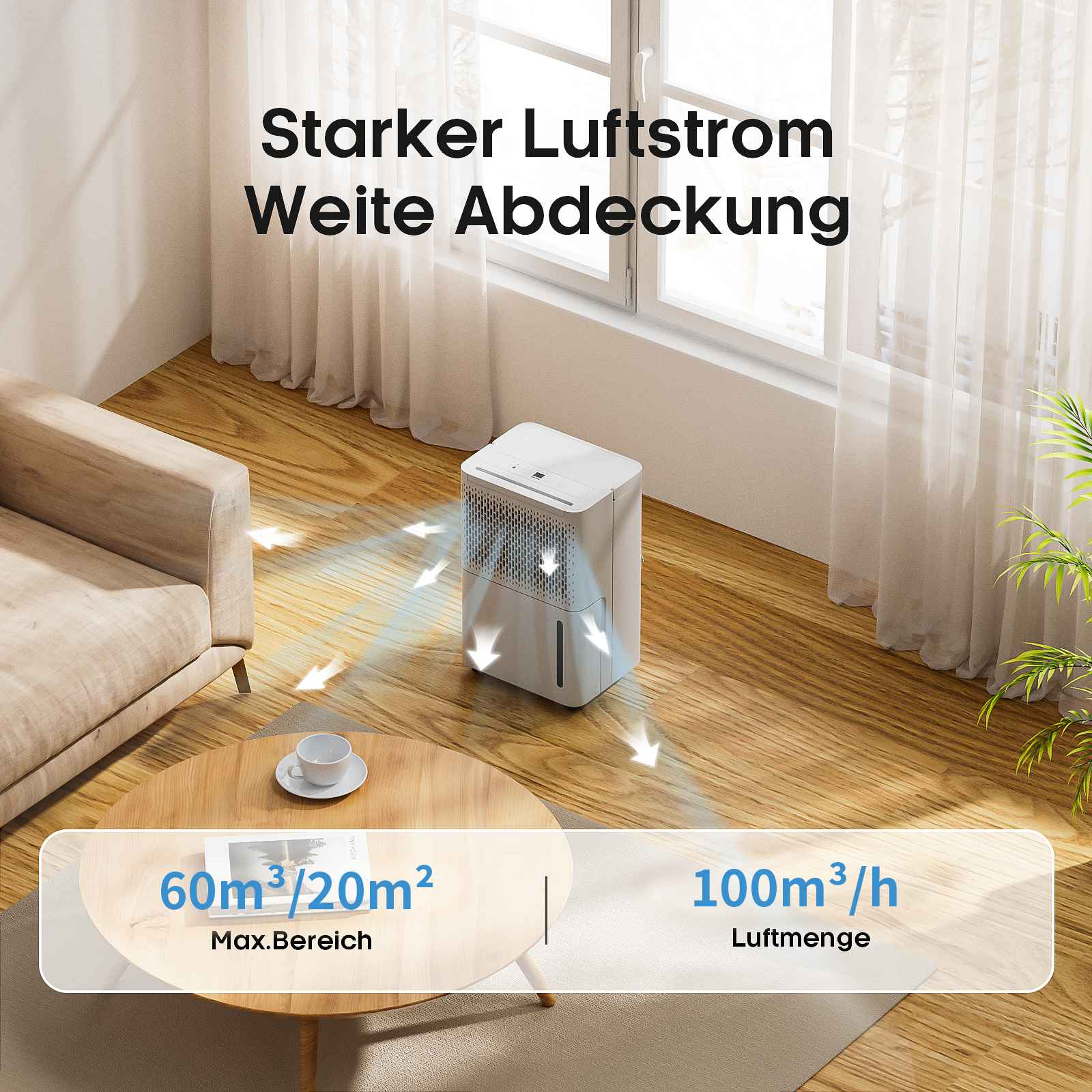 Ein weißer Luftentfeuchter auf Holzboden. Pfeile zeigen Luftstrom. Sofa und Tisch im Hintergrund. Text: Luftabdeckung.