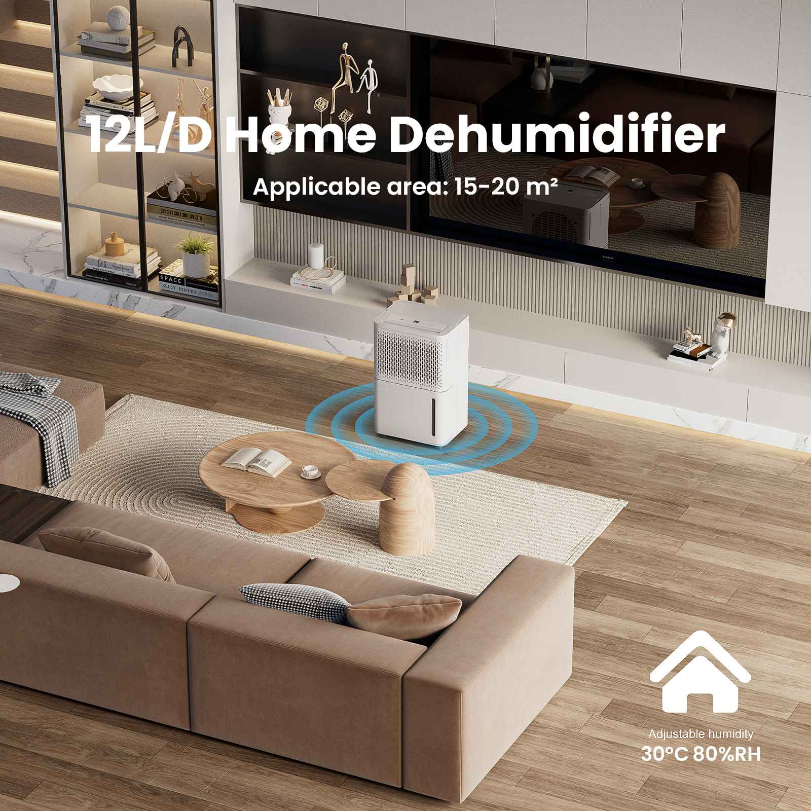 Ein weißer Luftentfeuchter in einem Wohnzimmer. Der Text lautet '12L/D Home Dehumidifier'. Sofa und Couchtisch sind zu sehen.