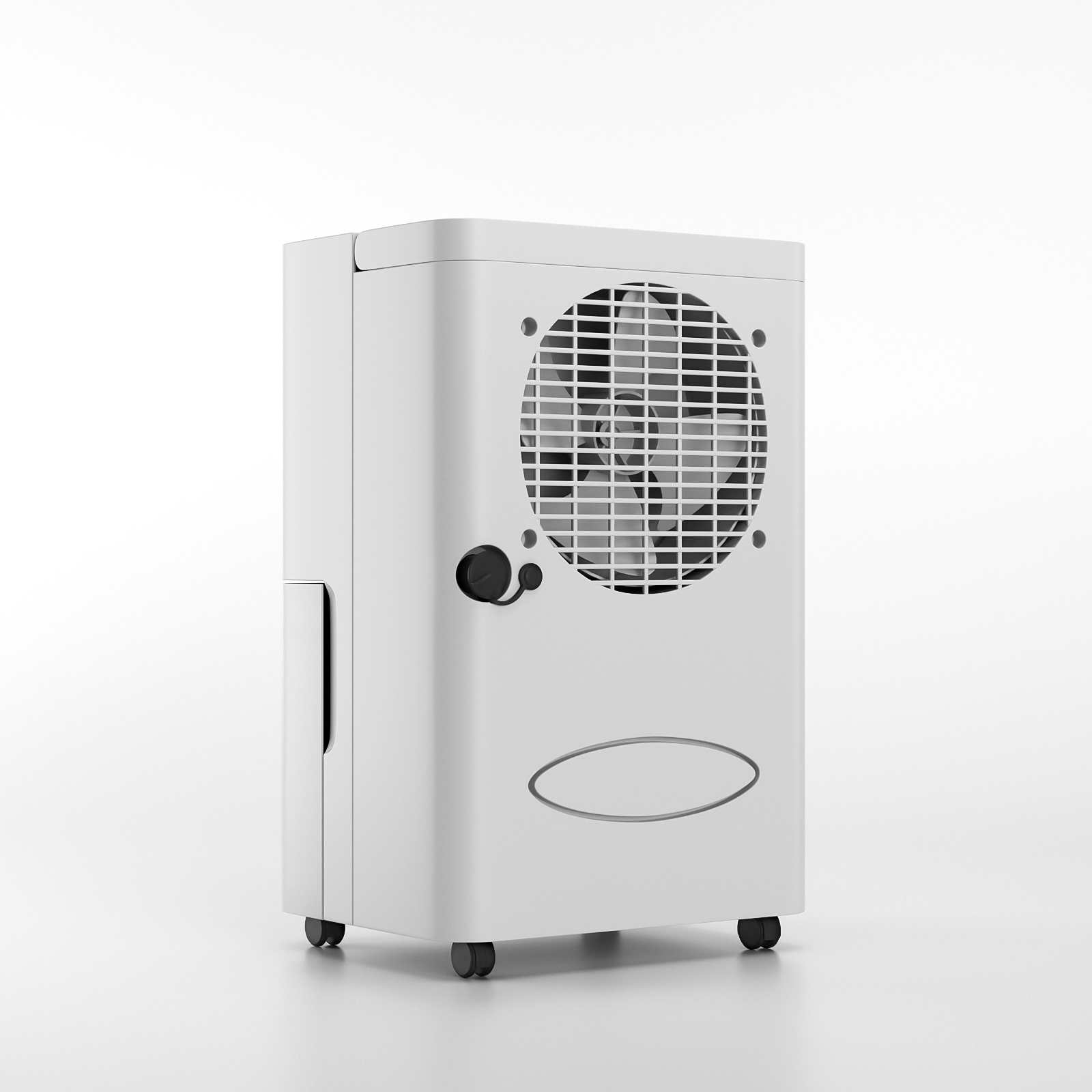 Ein weißer Luftkühler auf Rädern. Er hat einen Ventilator, ein Bedienfeld und eine Wasserstandsanzeige. Der Hintergrund ist weiß.